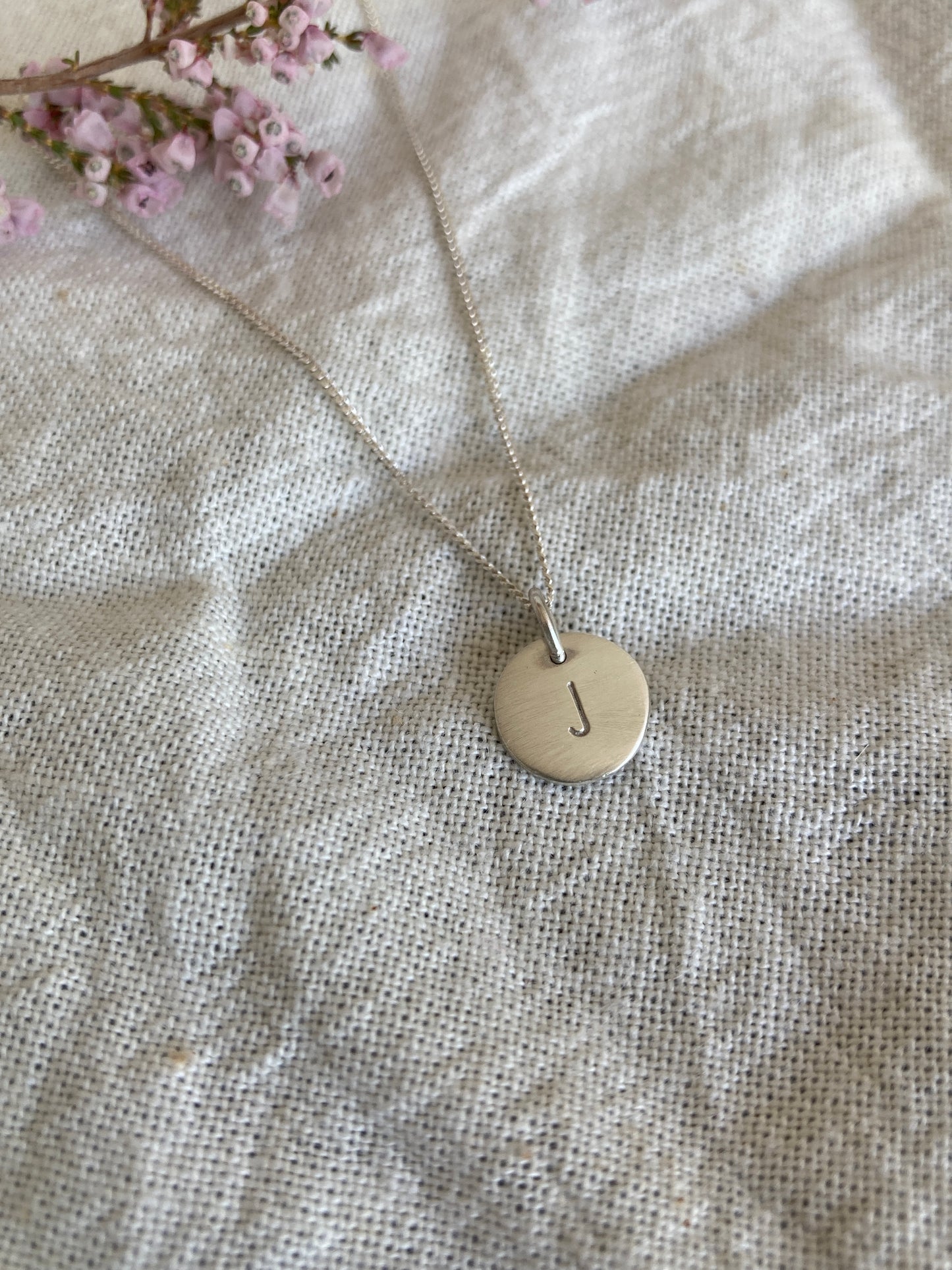 Sterling Silver 9mm Initial Disc Pendant on Sterling Silver Chain - letter J