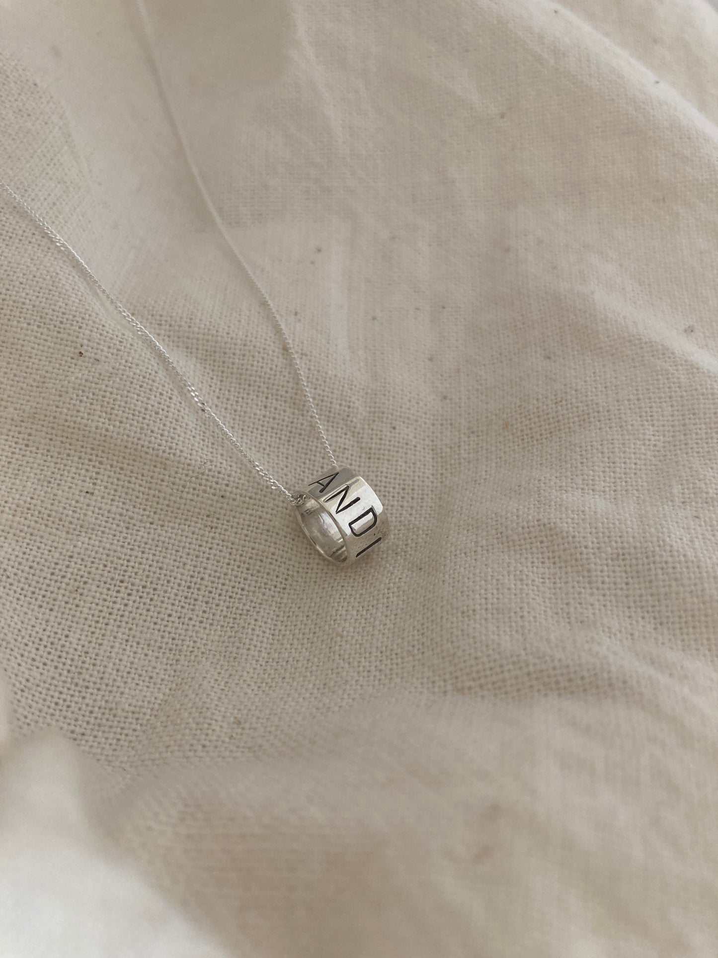 Sterling Silver Ring Pendant with Hand Stamped Name on Silver Chain