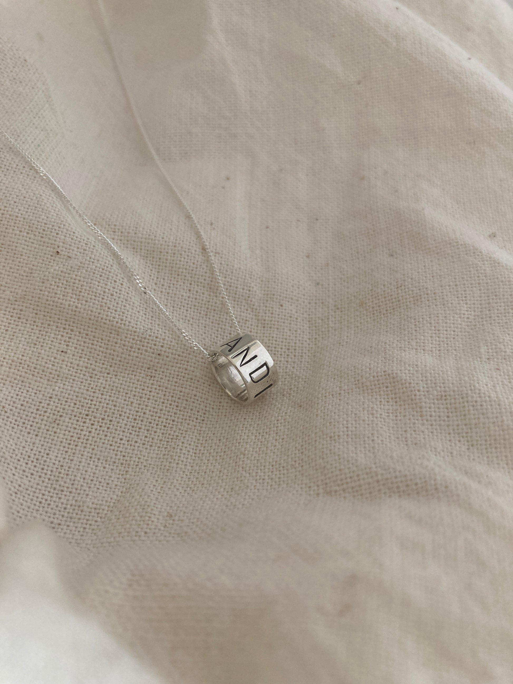 Sterling Silver Ring Pendant with Hand Stamped Name on Silver Chain