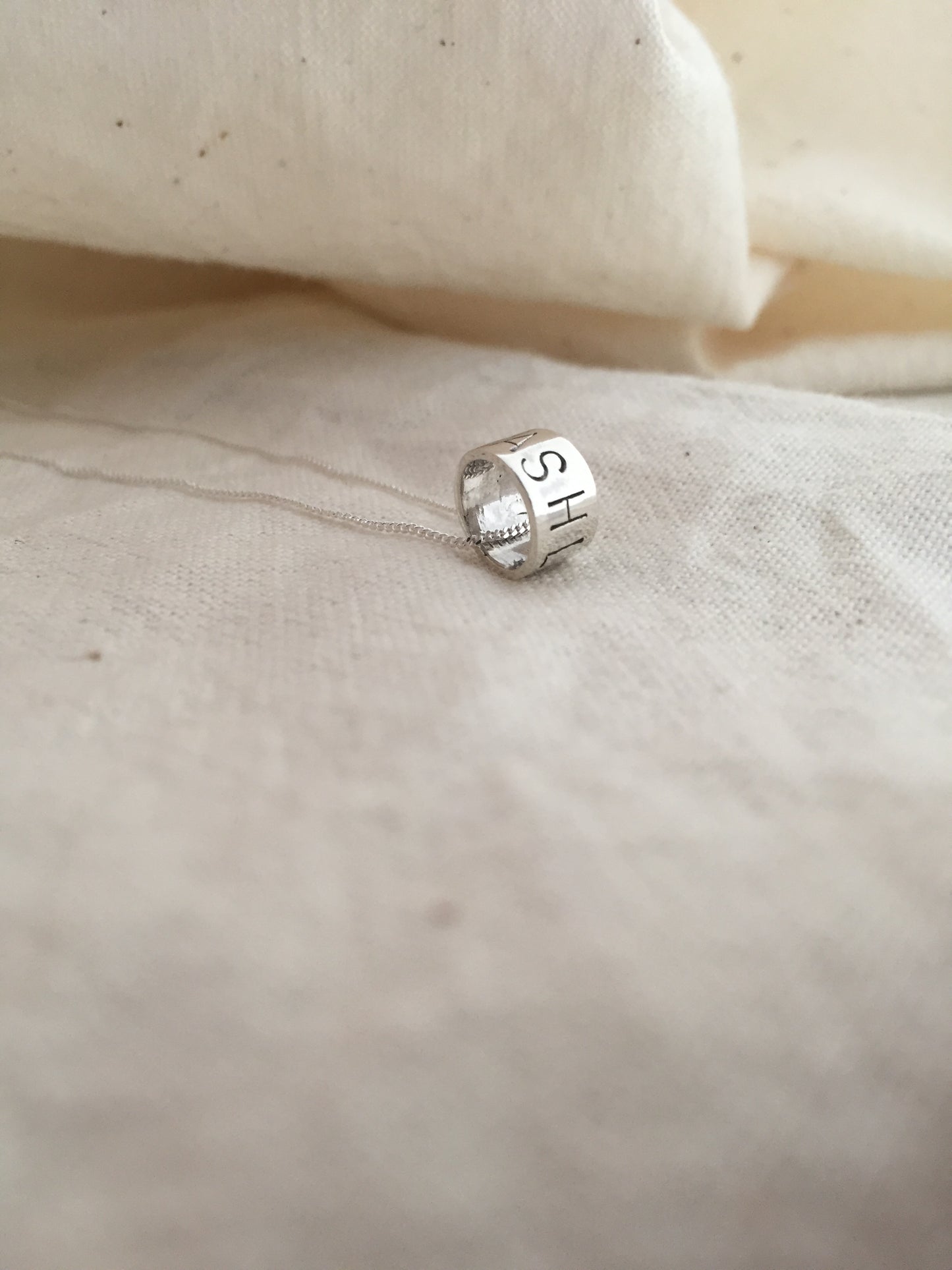 Sterling Silver Ring Pendant with Hand Stamped Name on Silver Chain