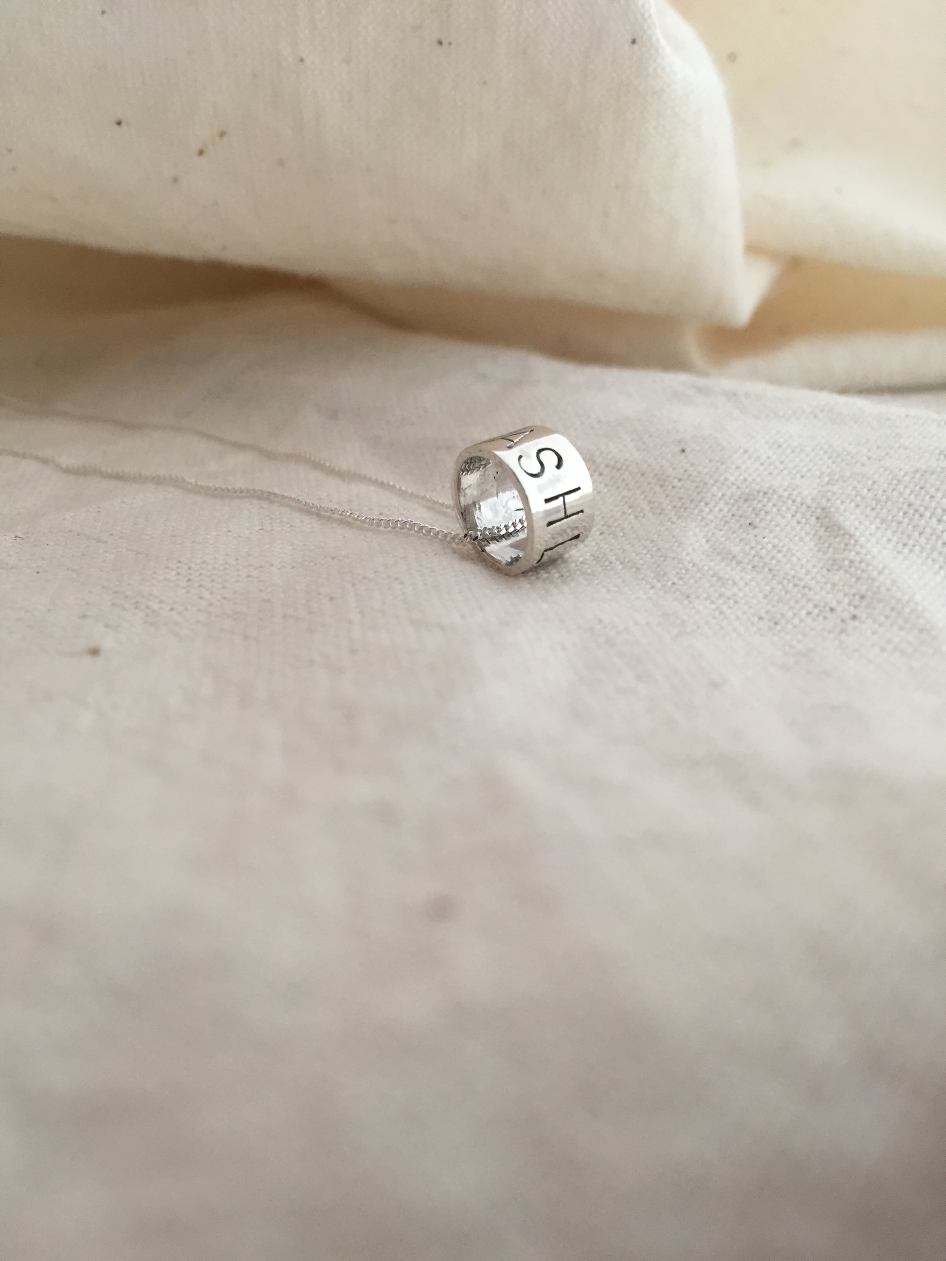 Sterling Silver Ring Pendant with Hand Stamped Name on Silver Chain