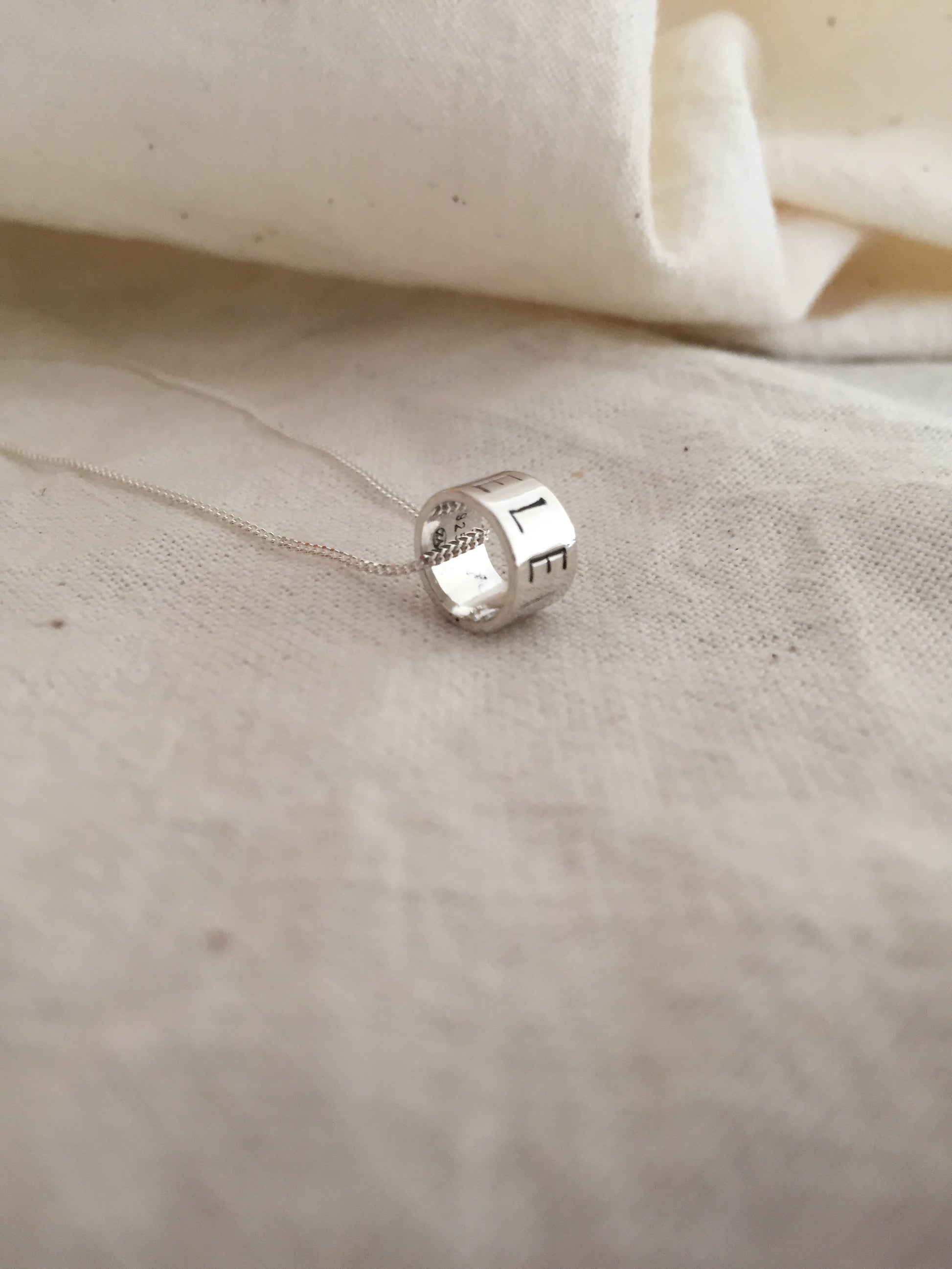 Sterling Silver Ring Pendant with Hand Stamped Name on Silver Chain