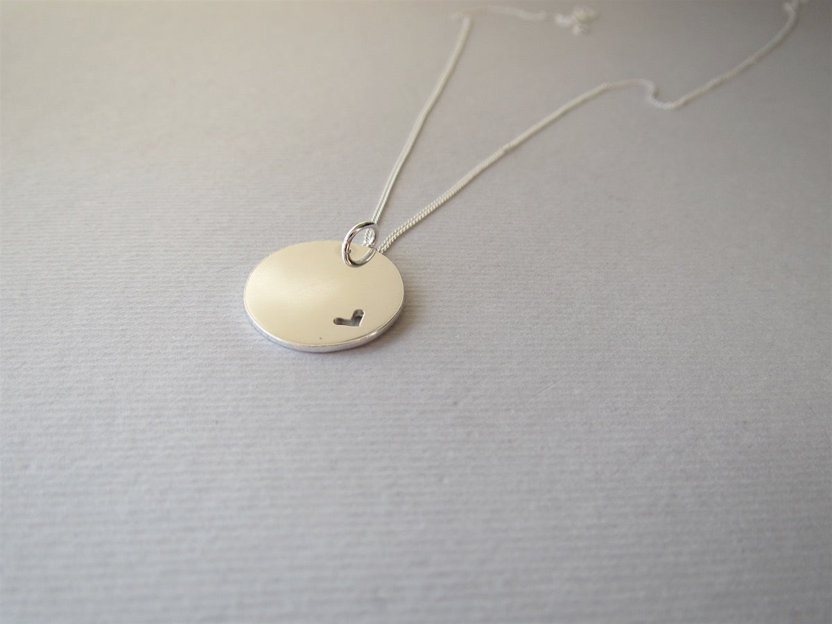16mm Large Sterling Silver Disc with cut out Heart Pendant on Silver Chain