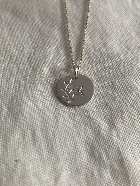 Sterling Silver Disc with Leaves Engraving and hand stamped Initial on Sterling Silver Chain