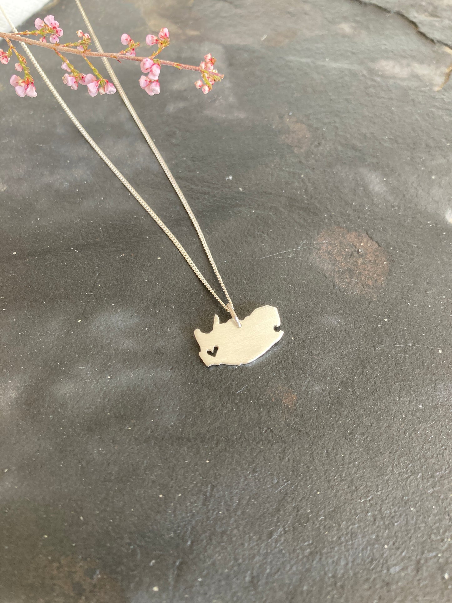 Sterling Silver Map of South Africa Pendant with cut-out Heart