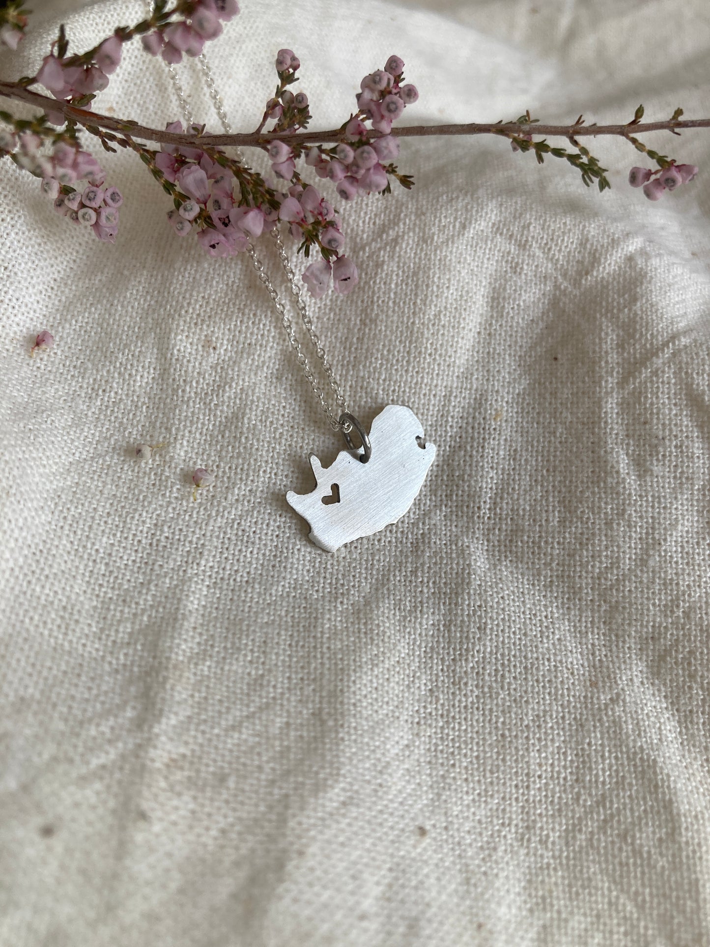 Sterling Silver Map of South Africa Pendant with cut-out Heart