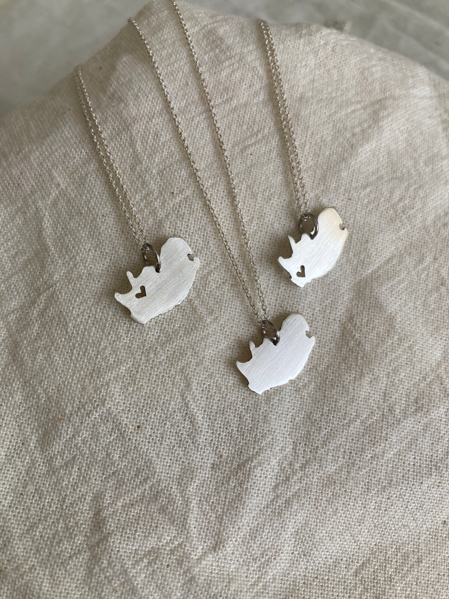 Sterling Silver Map of South Africa Pendants with cut-out Hearts and plain