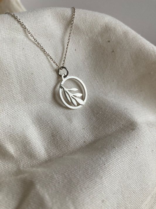 Sterling Silver Circle with Olive Leaves Pendant