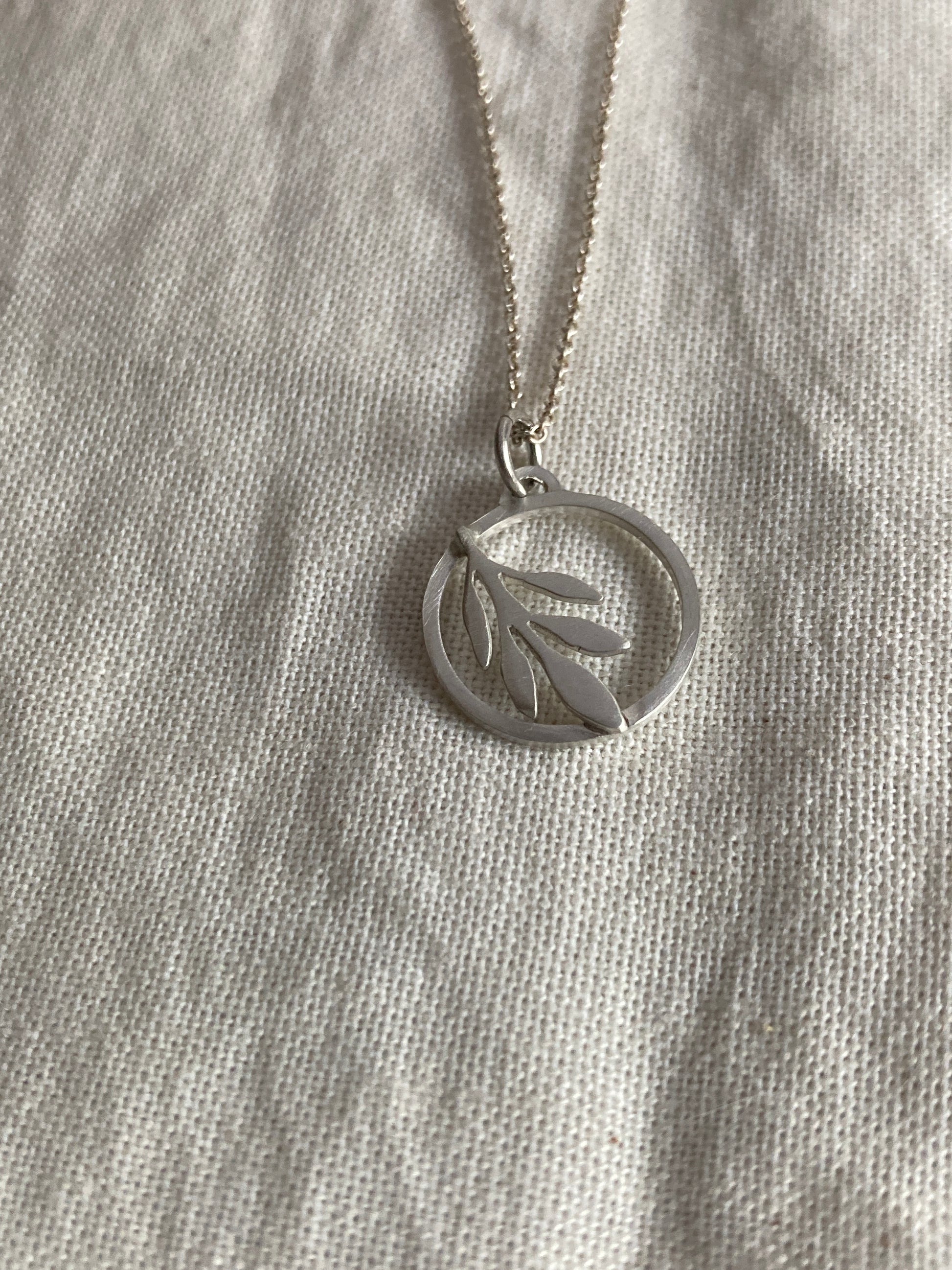 Sterling Silver Circle with Olive Leaves Pendant
