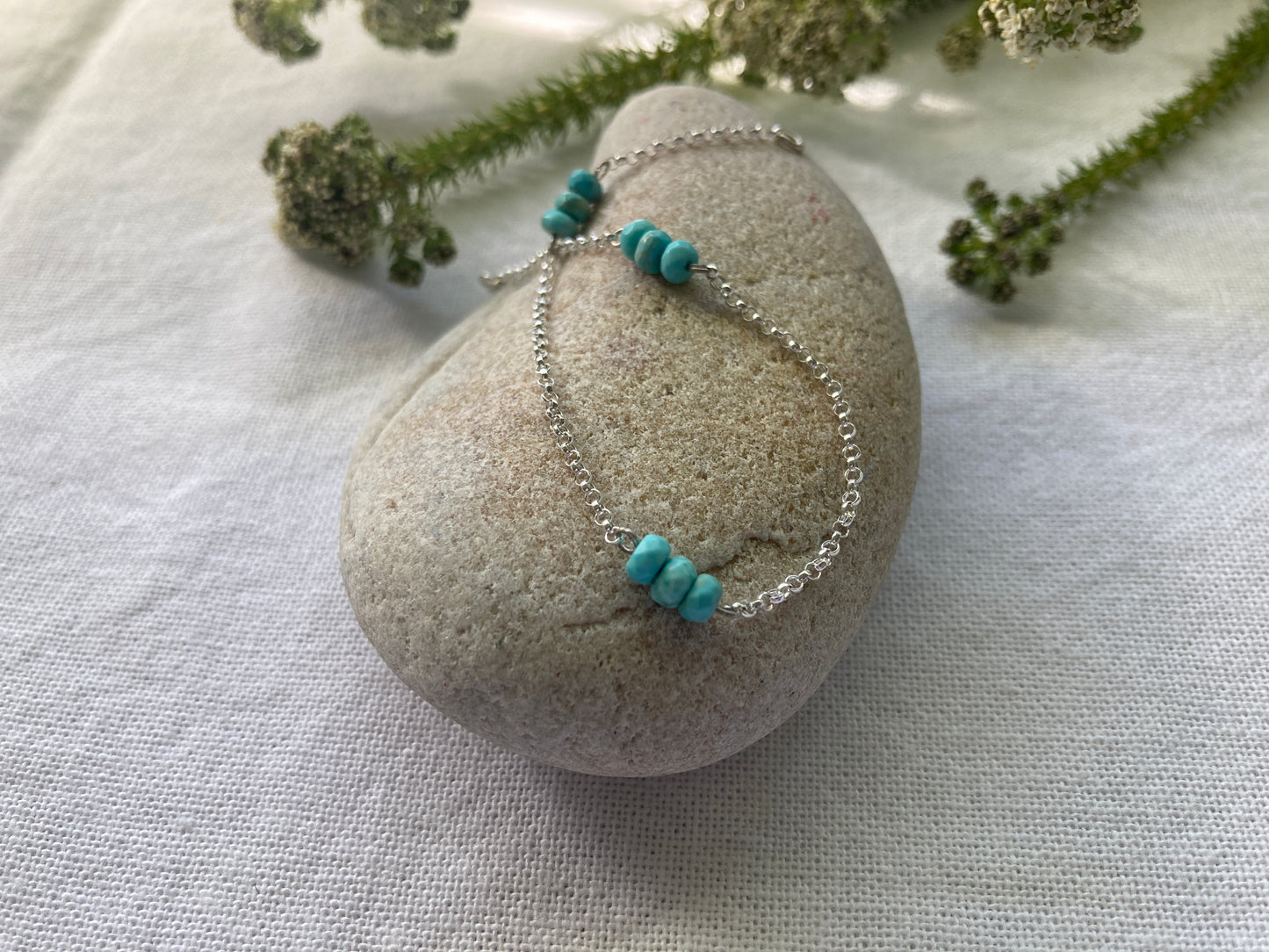 Sterling Silver Chain Bracelet with Turquoise Beads