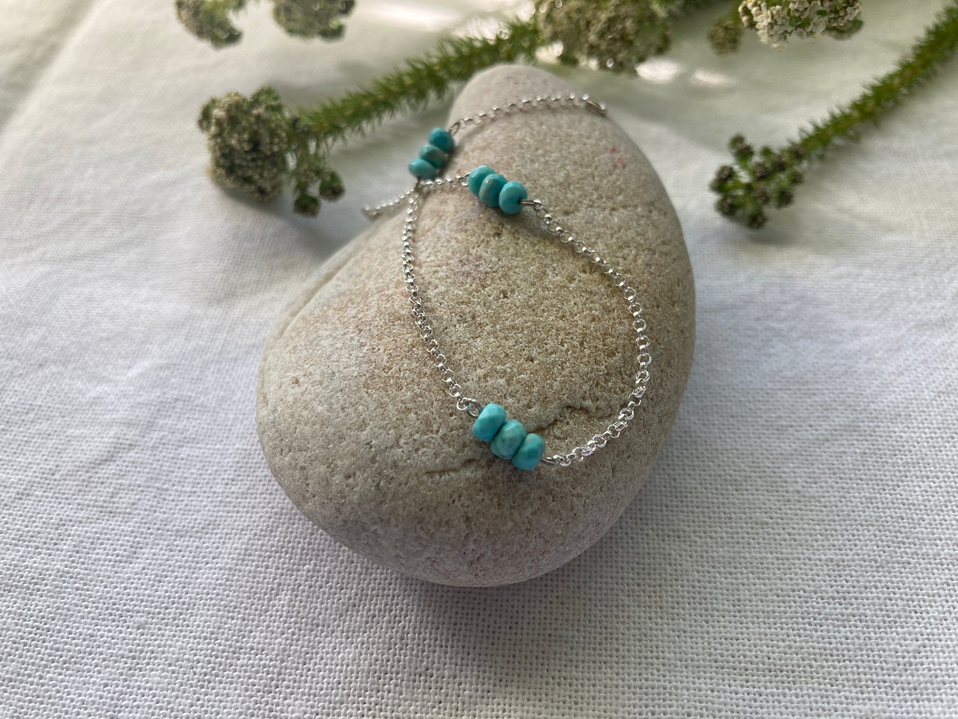 Sterling Silver Chain Bracelet with Turquoise Beads