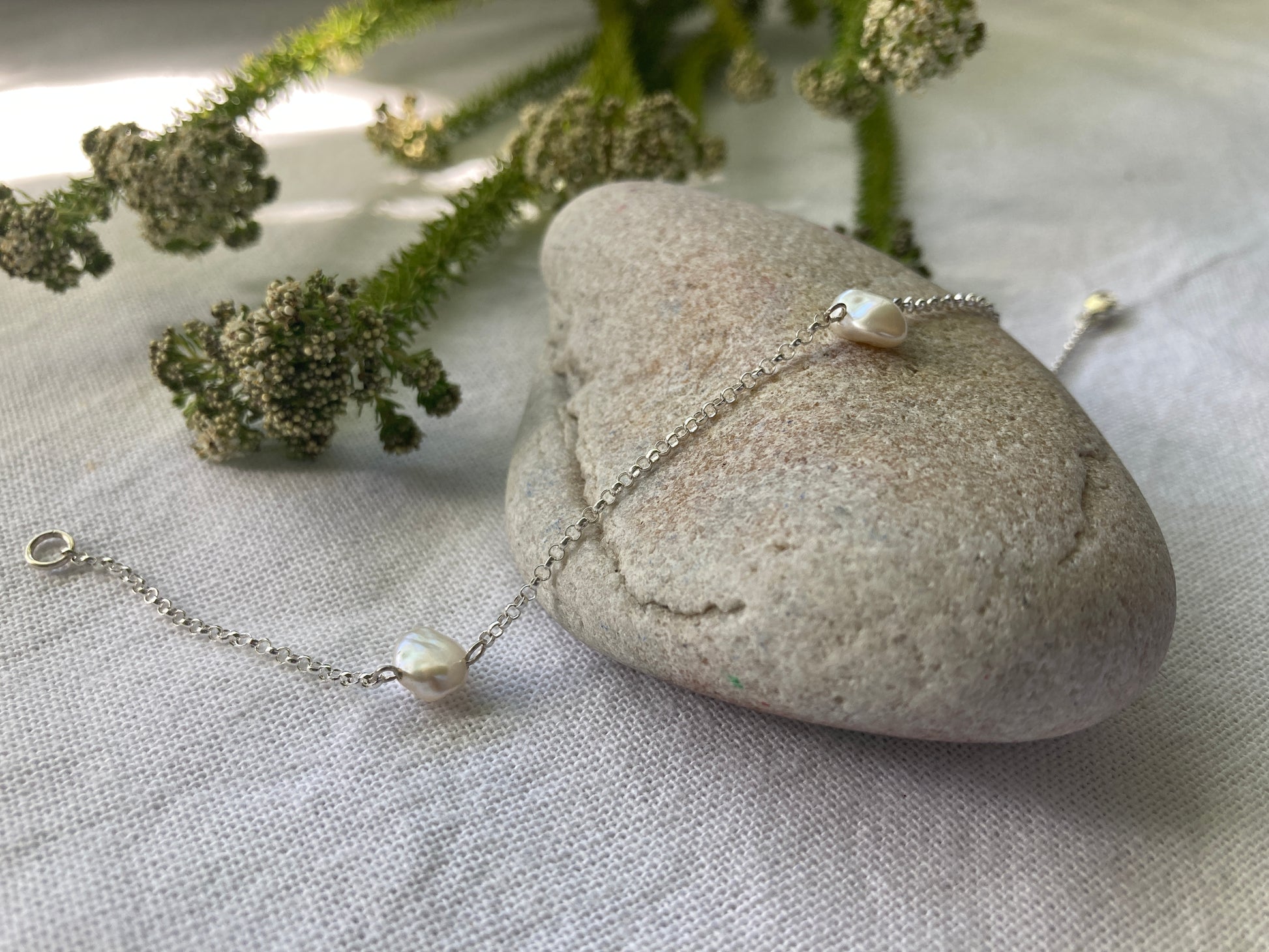 Sterling Silver Chain Bracelet with White Wonky Pearls