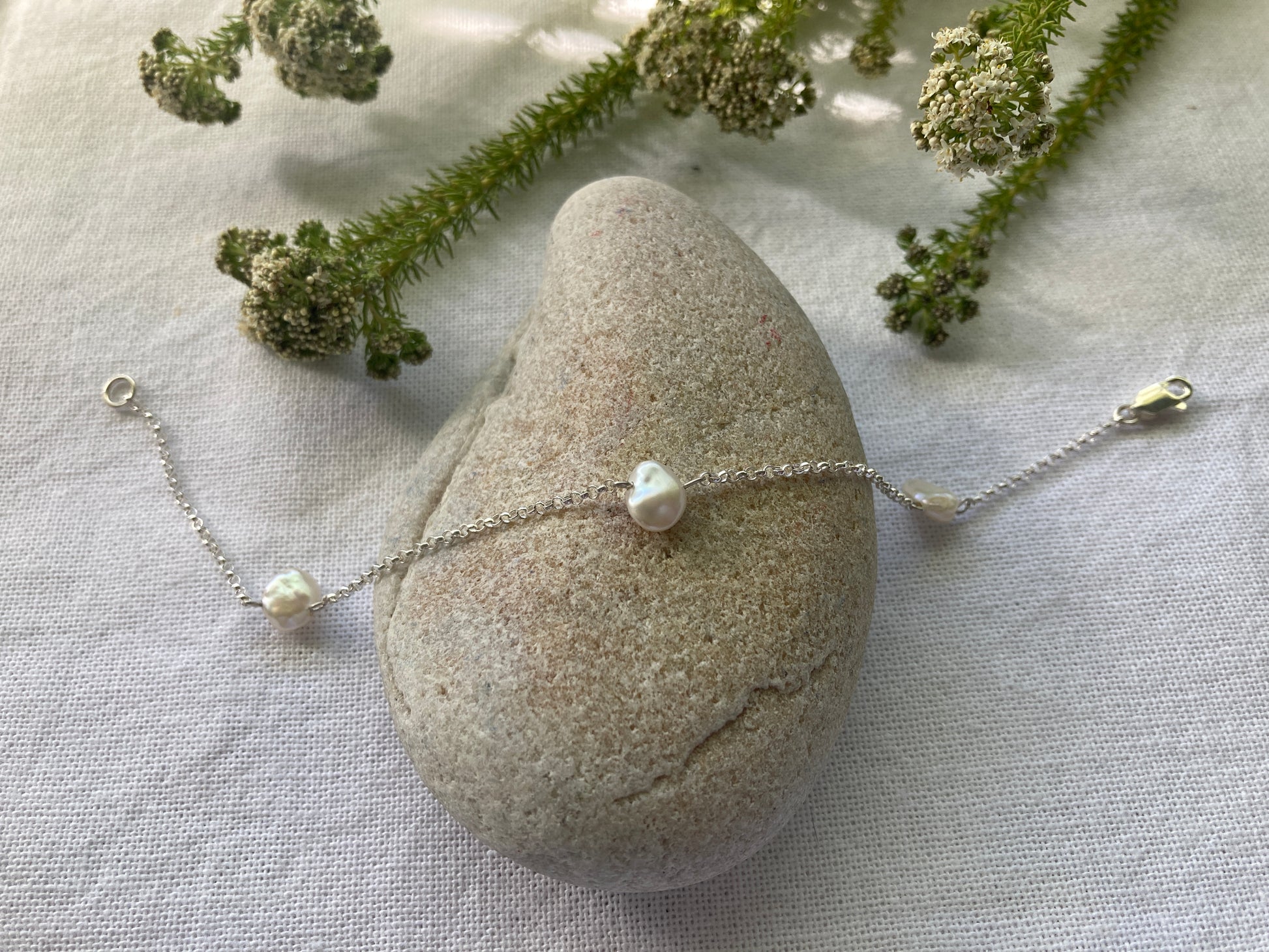Sterling Silver Chain Bracelet with White Wonky Pearls
