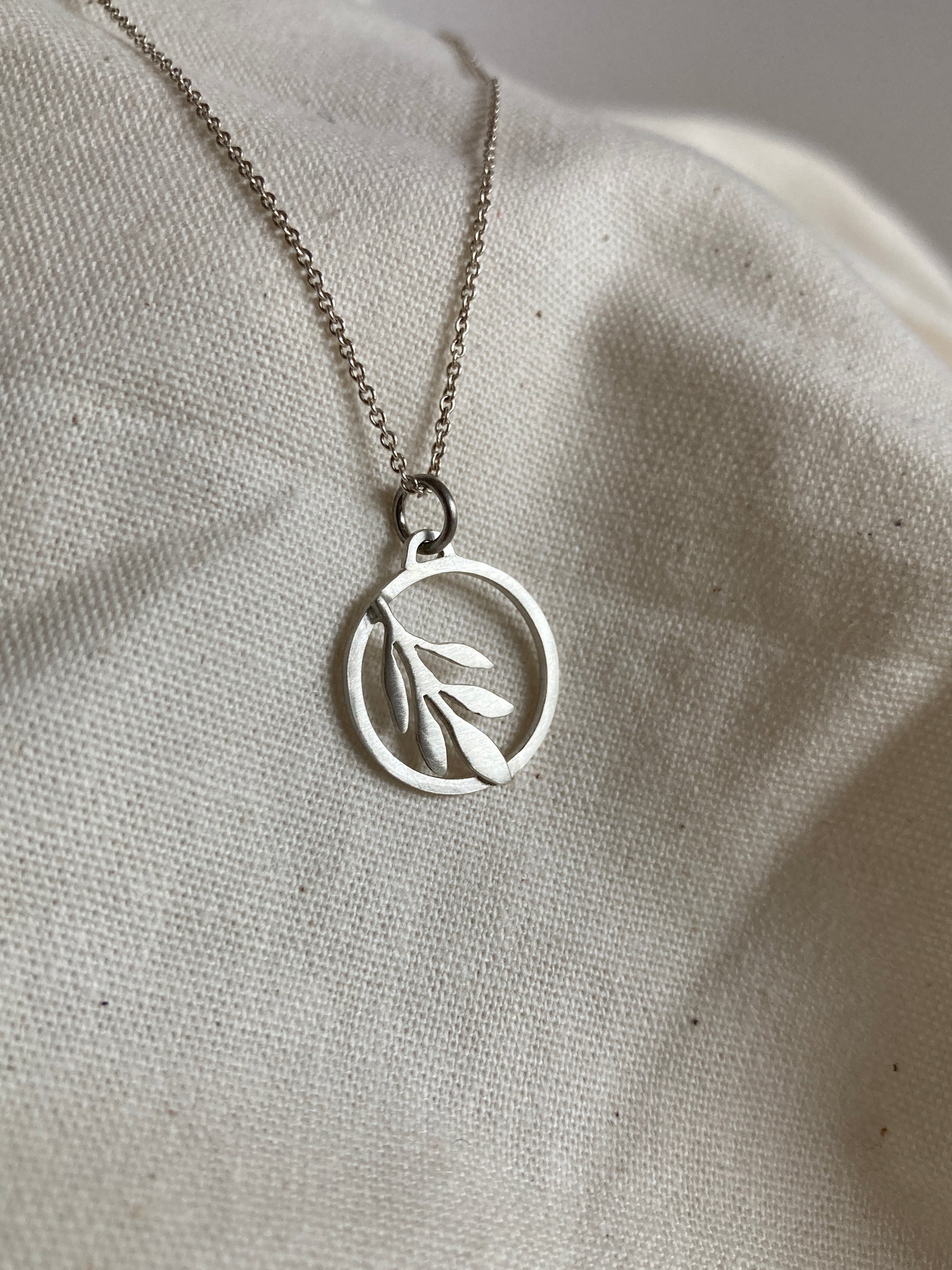 Sterling Silver Circle with Olive Leaves Pendant