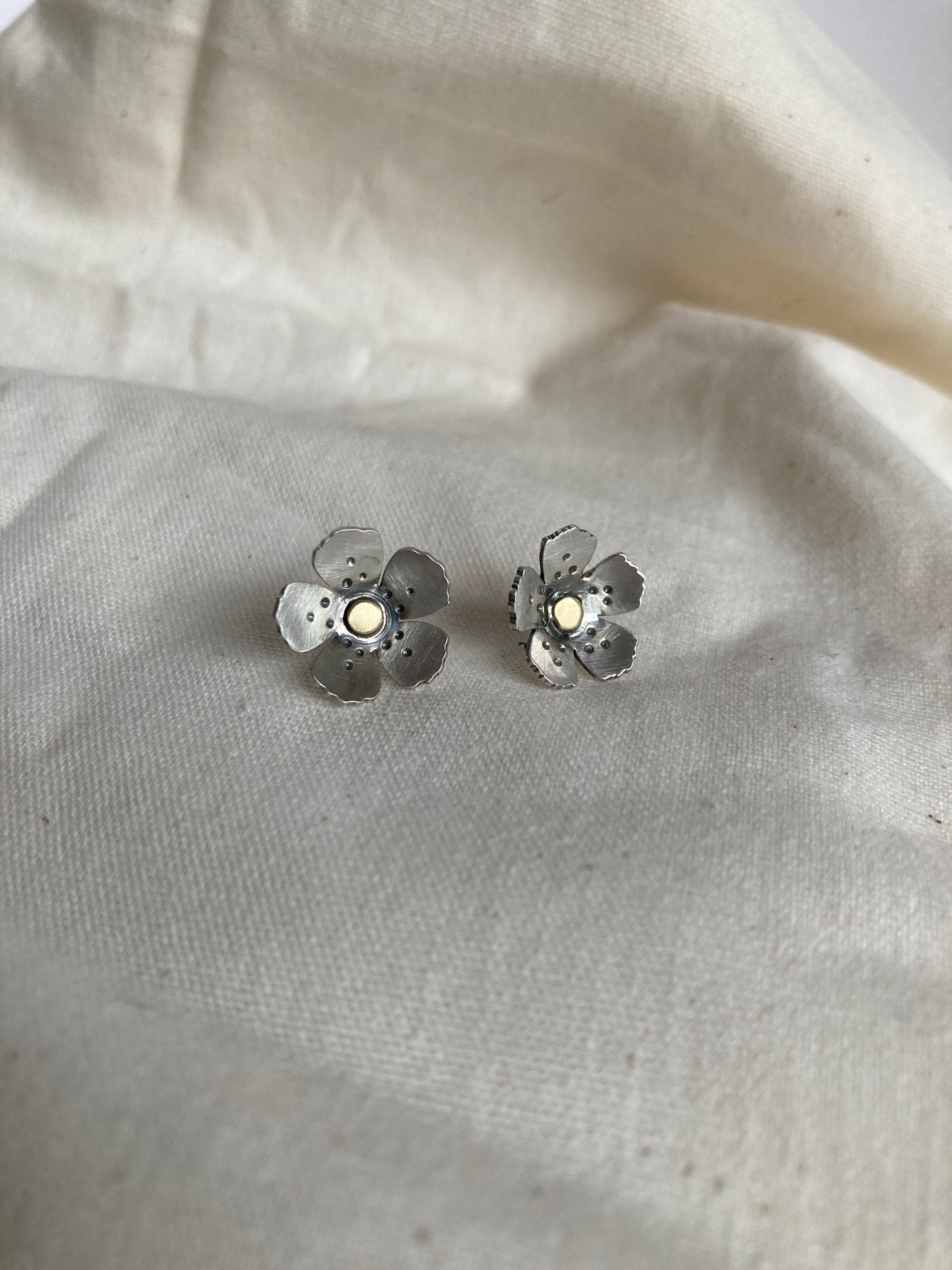 Sterling Silver Wild Flower Earrings with Brass Centre and matt oxidised finish