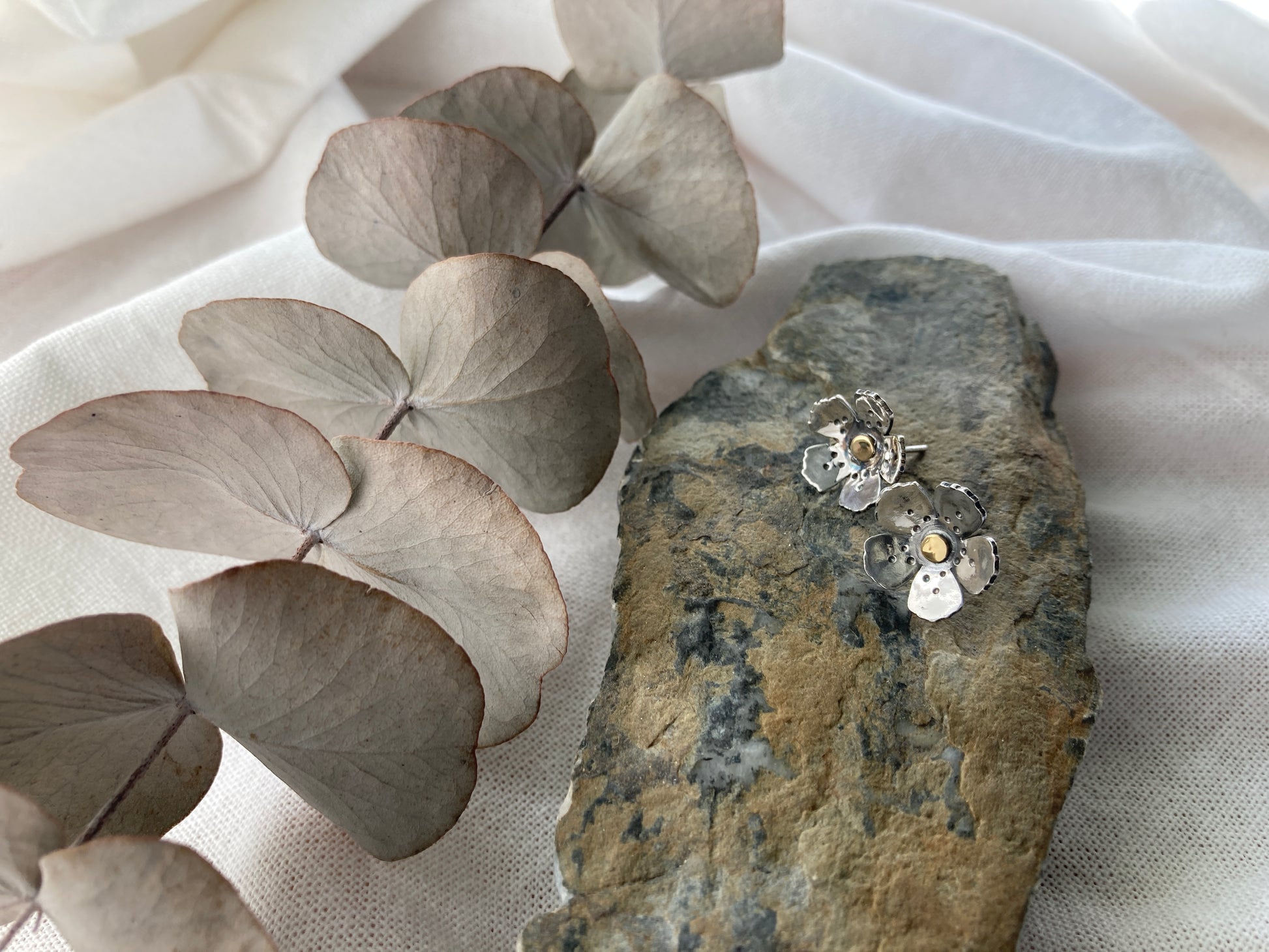 Sterling Silver Wild Flower Earrings with Brass Centre and matt oxidised finish