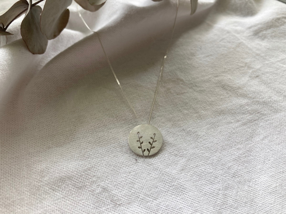 Sterling Silver Disc Pendant with Spekboom inspired cut out design on Sterling Silver Chain