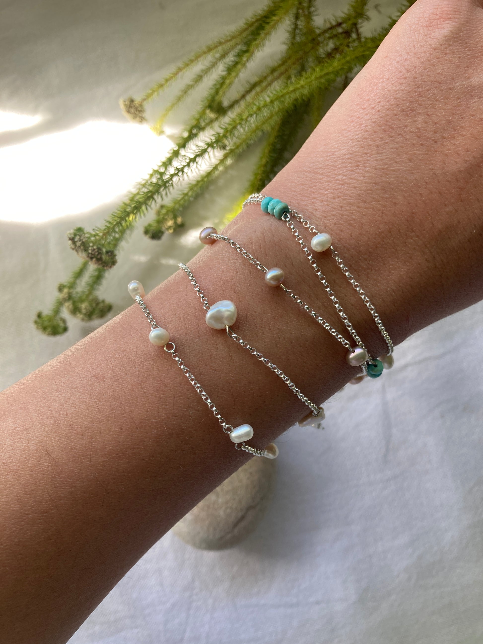 Sterling Silver Chain Bracelets with Pearls and Turquoise Beads