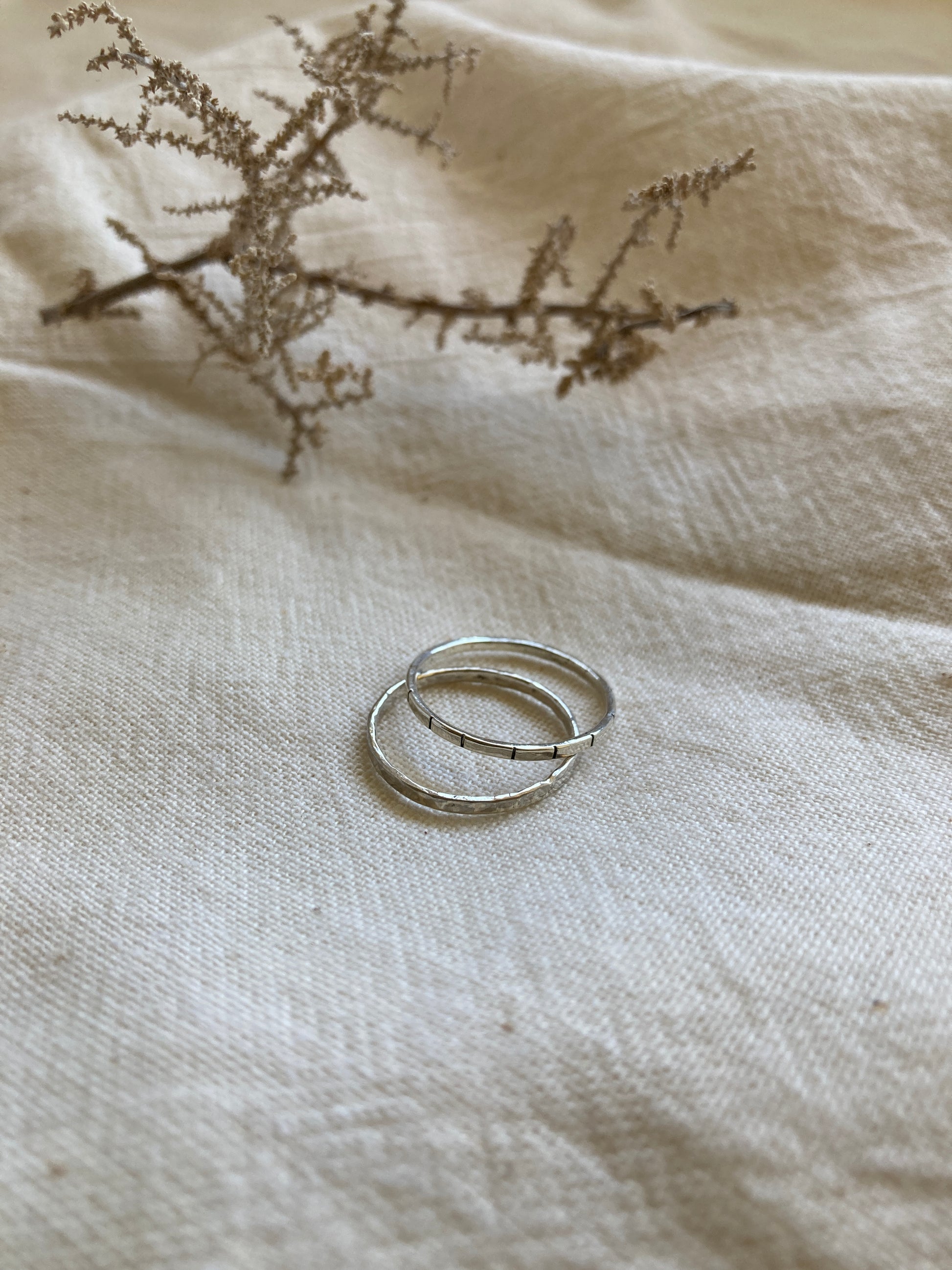 Sterling Silver Dainty Stacking Ring Set with one Stripe & one Hammered design Rings