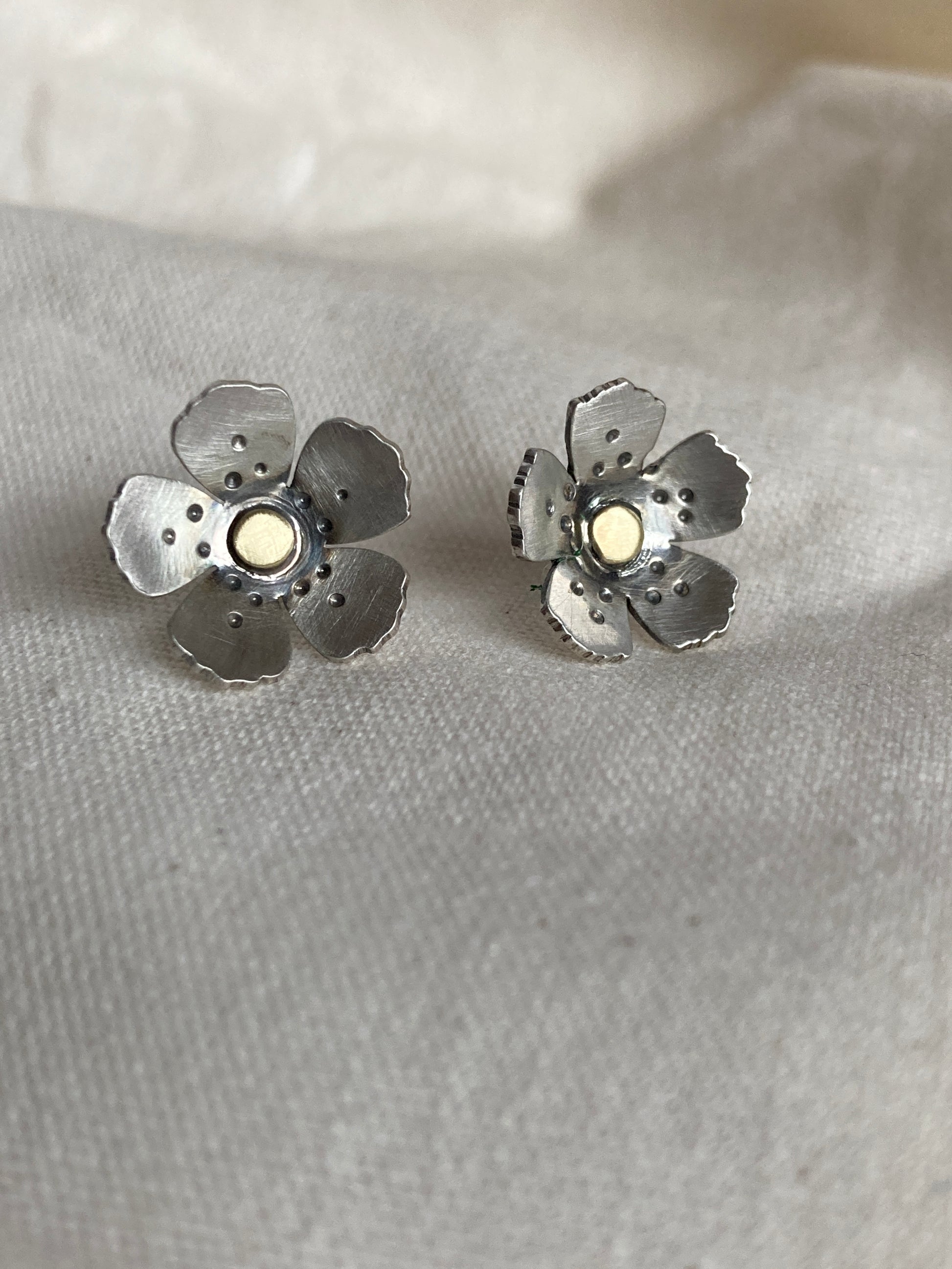 Sterling Silver Wild Flower Earrings with Brass Centre and matt oxidised finish