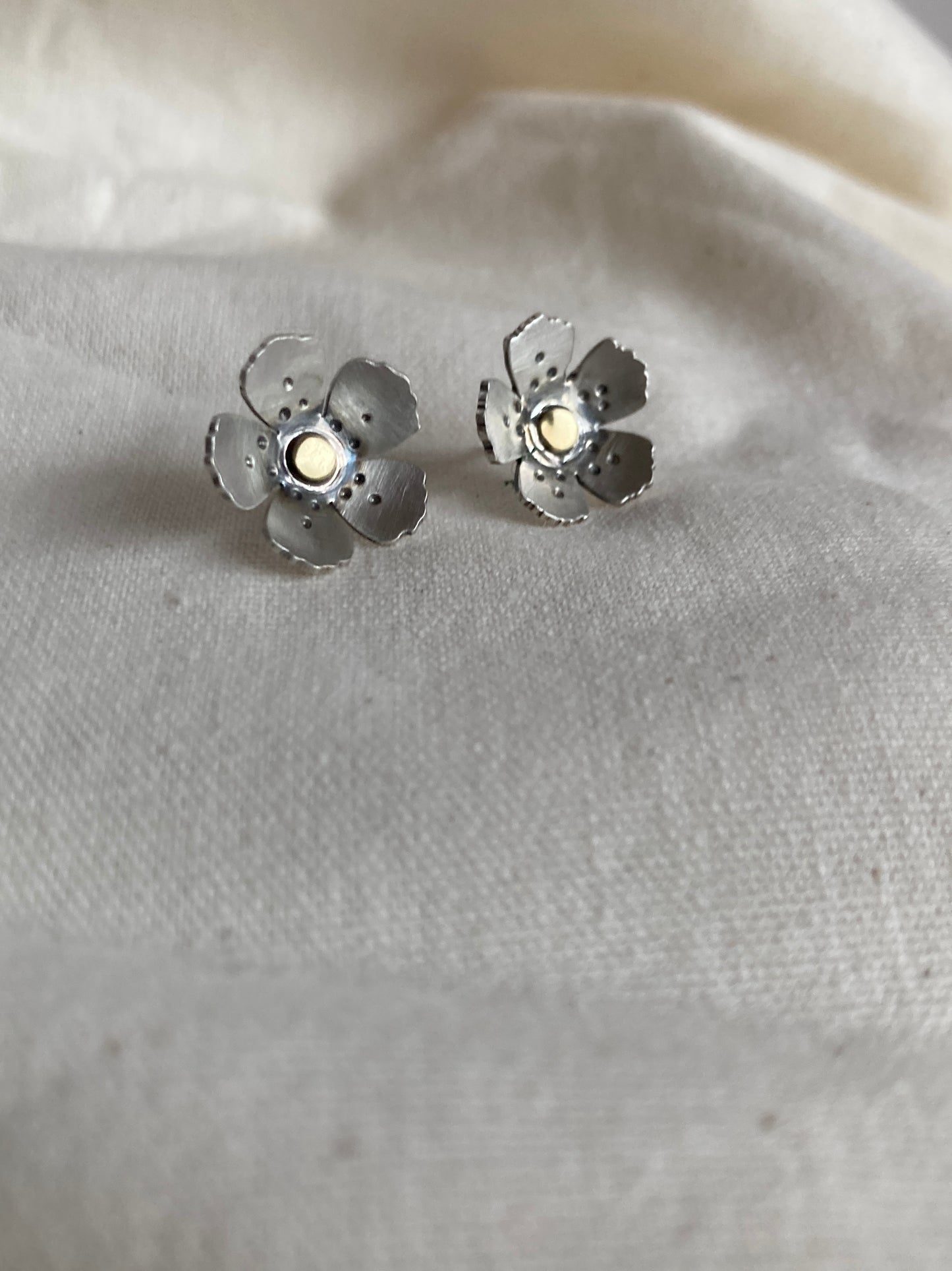 Sterling Silver Wild Flower Earrings with Brass Centre and matt oxidised finish
