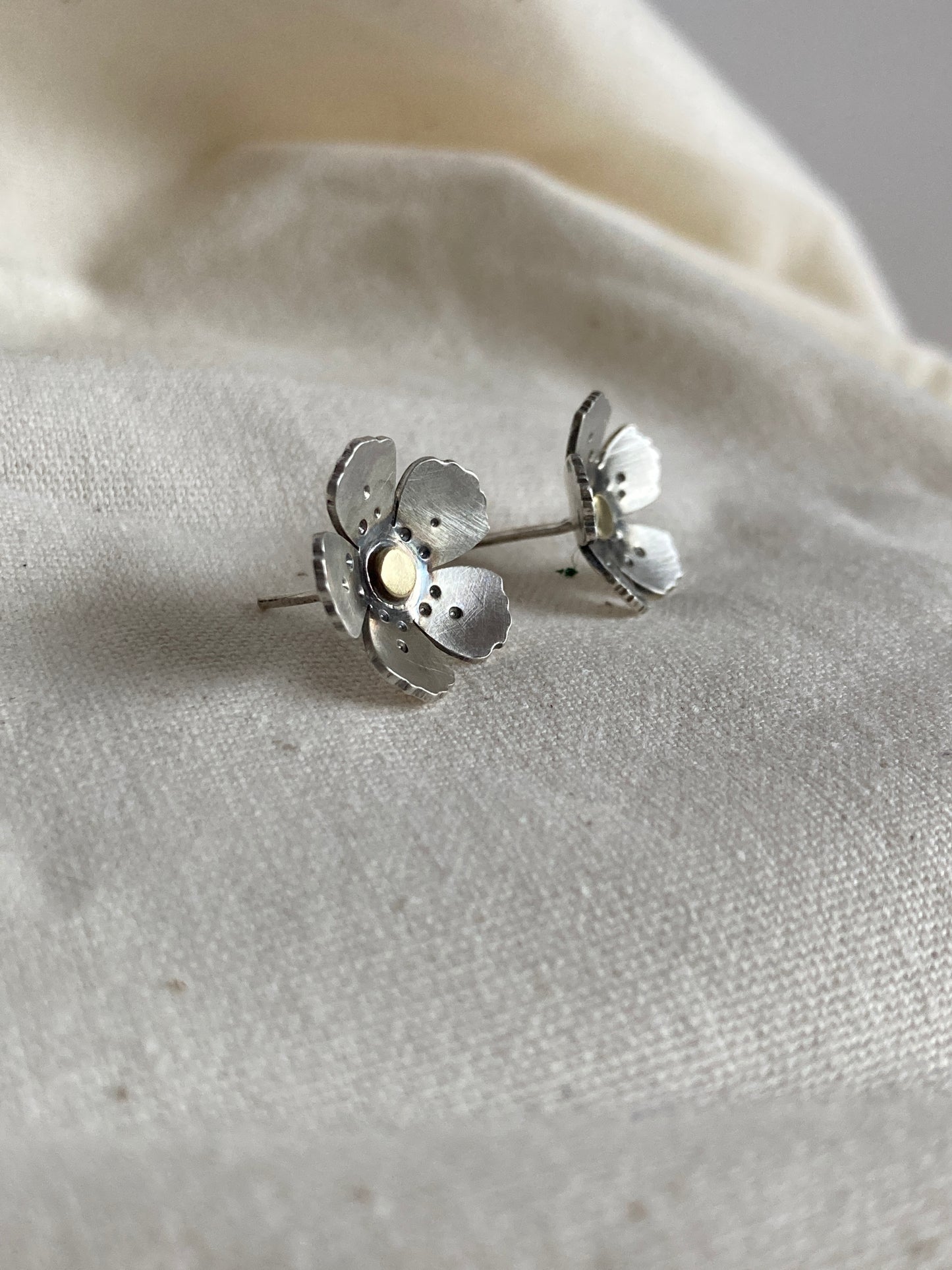 Sterling Silver Wild Flower Earrings with Brass Centre and matt oxidised finish