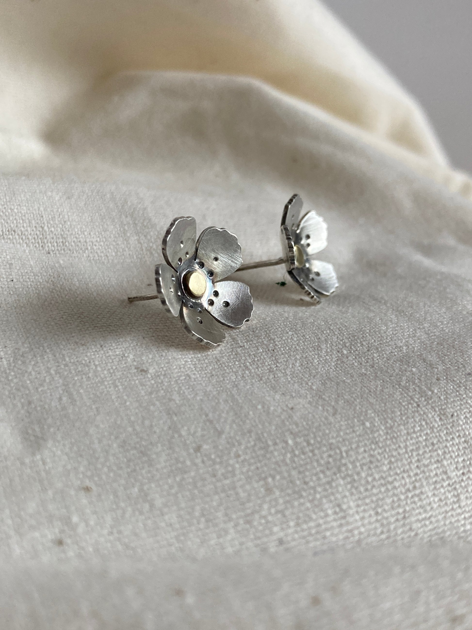 Sterling Silver Wild Flower Earrings with Brass Centre and matt oxidised finish