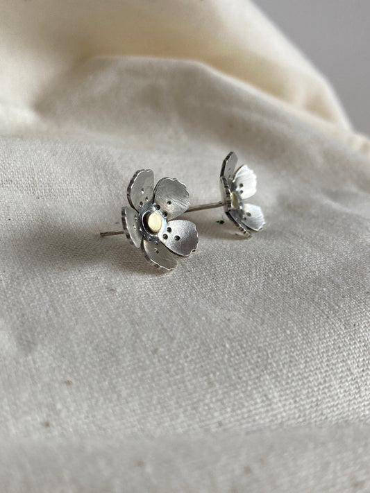 Sterling Silver Wild Flower Earrings with Brass Centre and matt oxidised finish