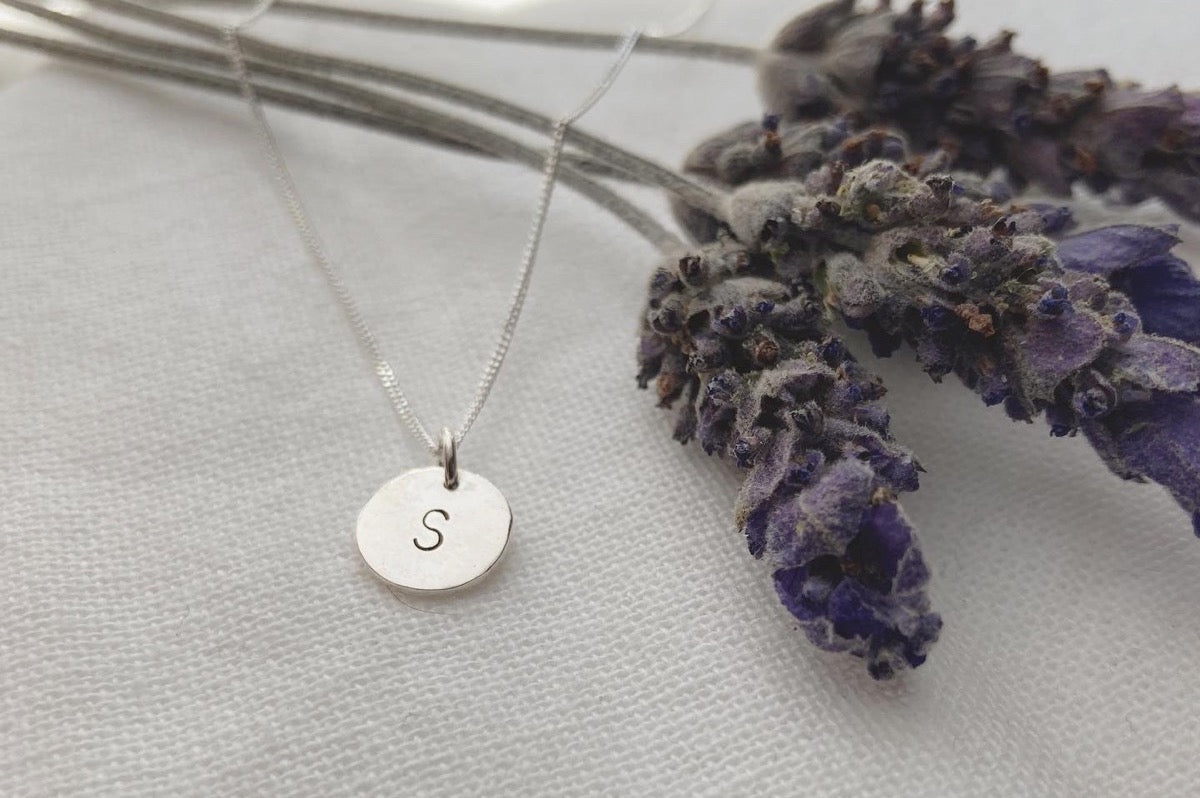 Sterling Silver 9mm Initial Disc Pendant on Sterling Silver Chain - letter S