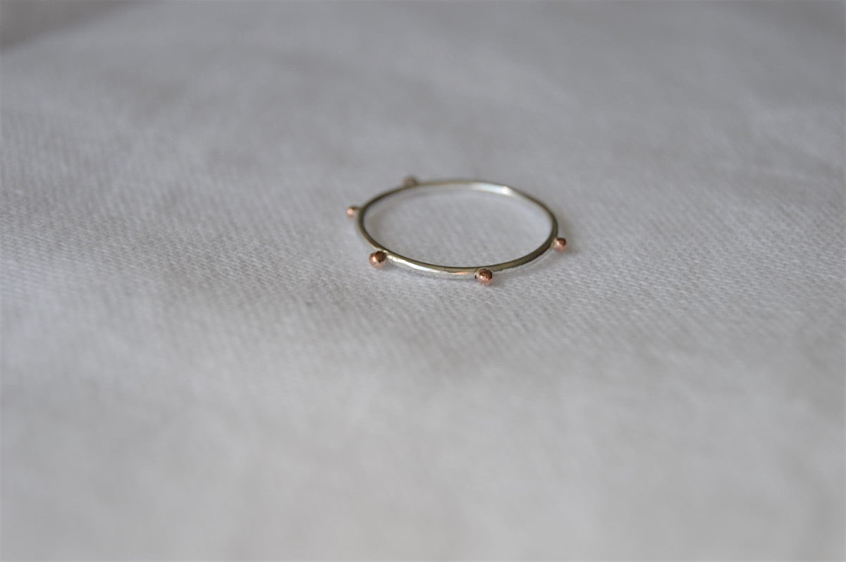 Sterling Silver Ring with 5 Small Copper Bobbles