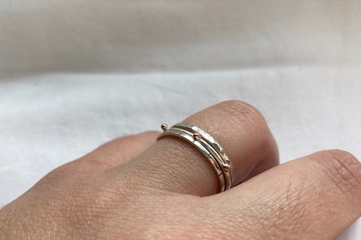 Sterling Silver Stacking Ring Set - Bobble Ring, Dainty Striped Ring, Dainty Hammered Ring