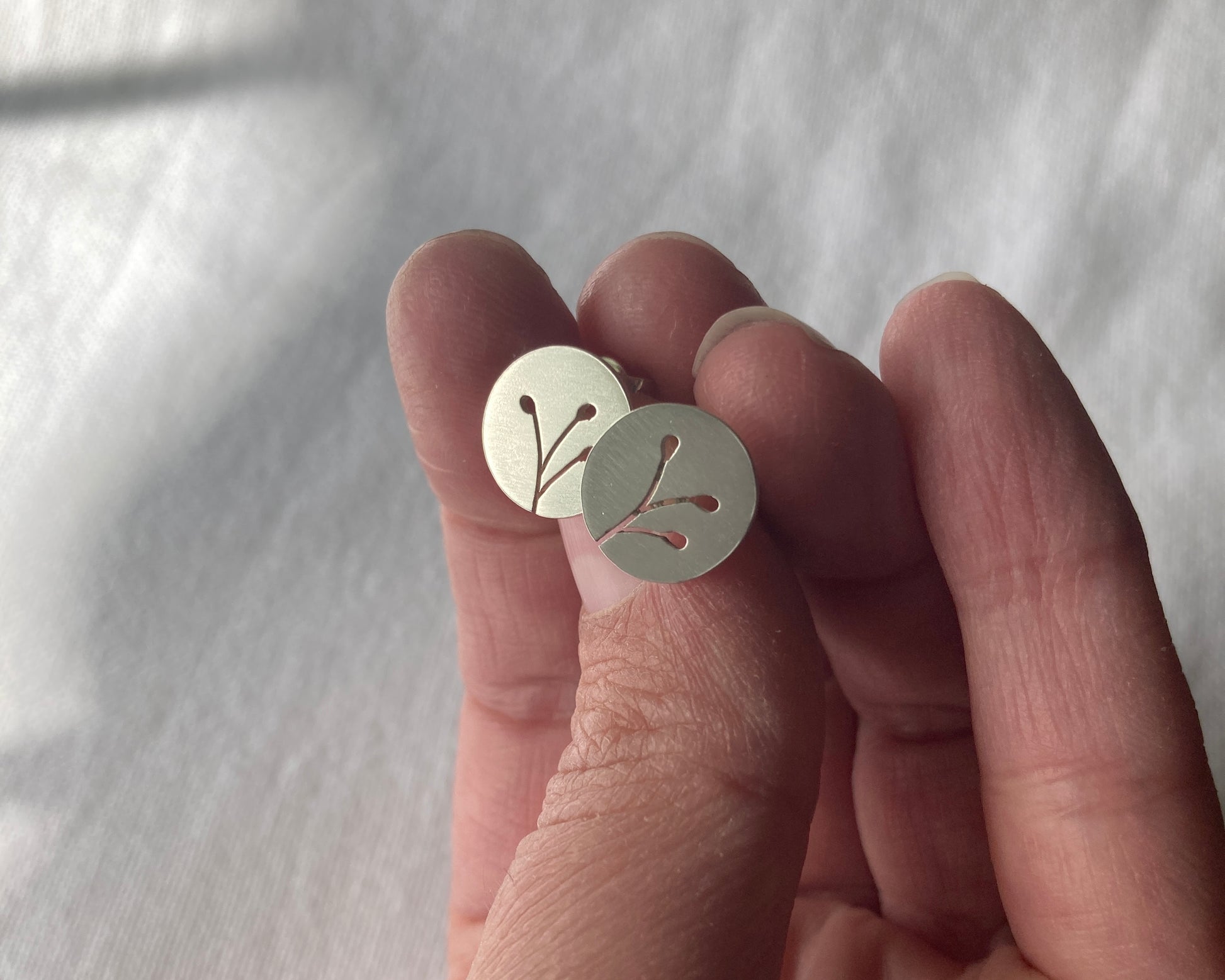 Sterling Silver Disc Stud Earrings with Botanical cut-out design