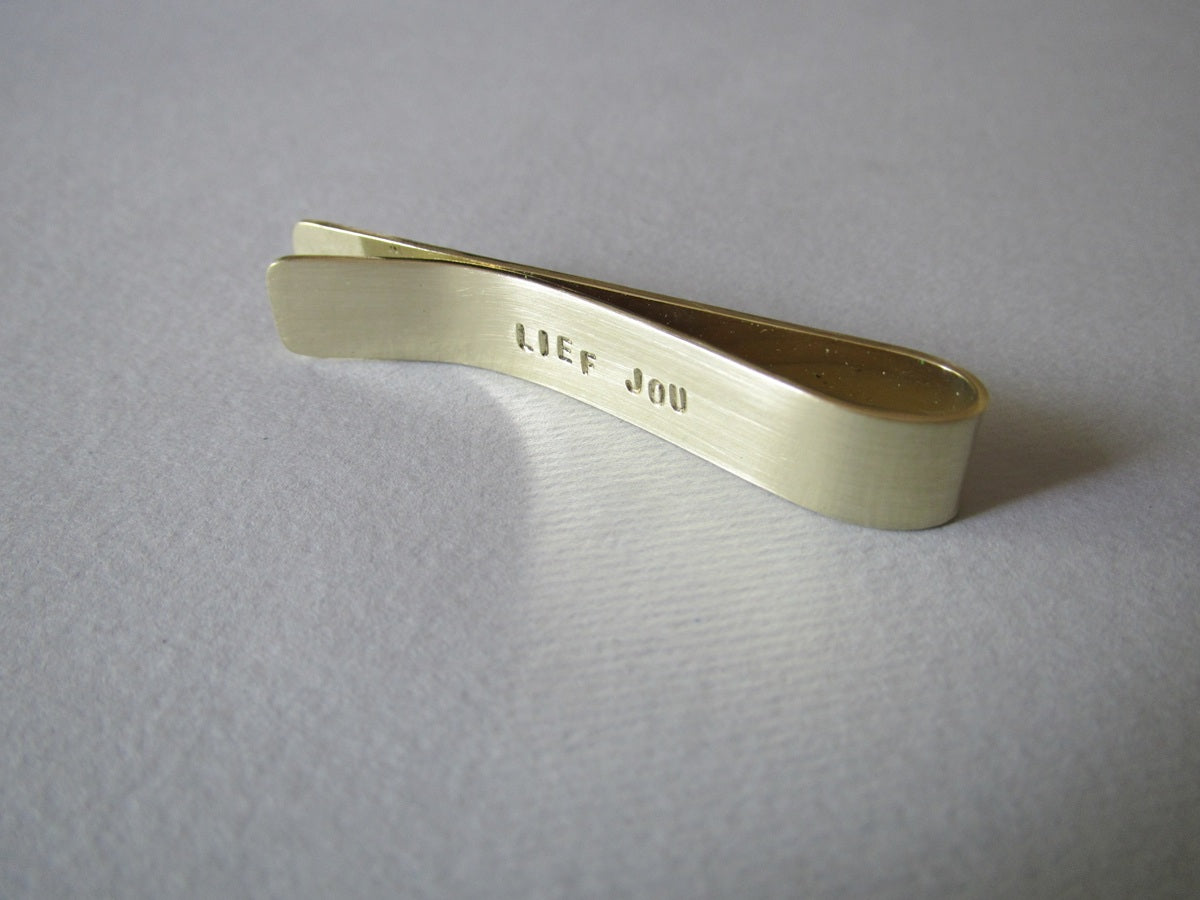 Brass Tie Clip with message hand stamped on back