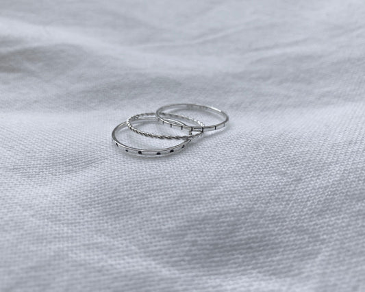 Sterling Silver Stacking Ring Set - one Stripe, one Dot and one Twisted finish