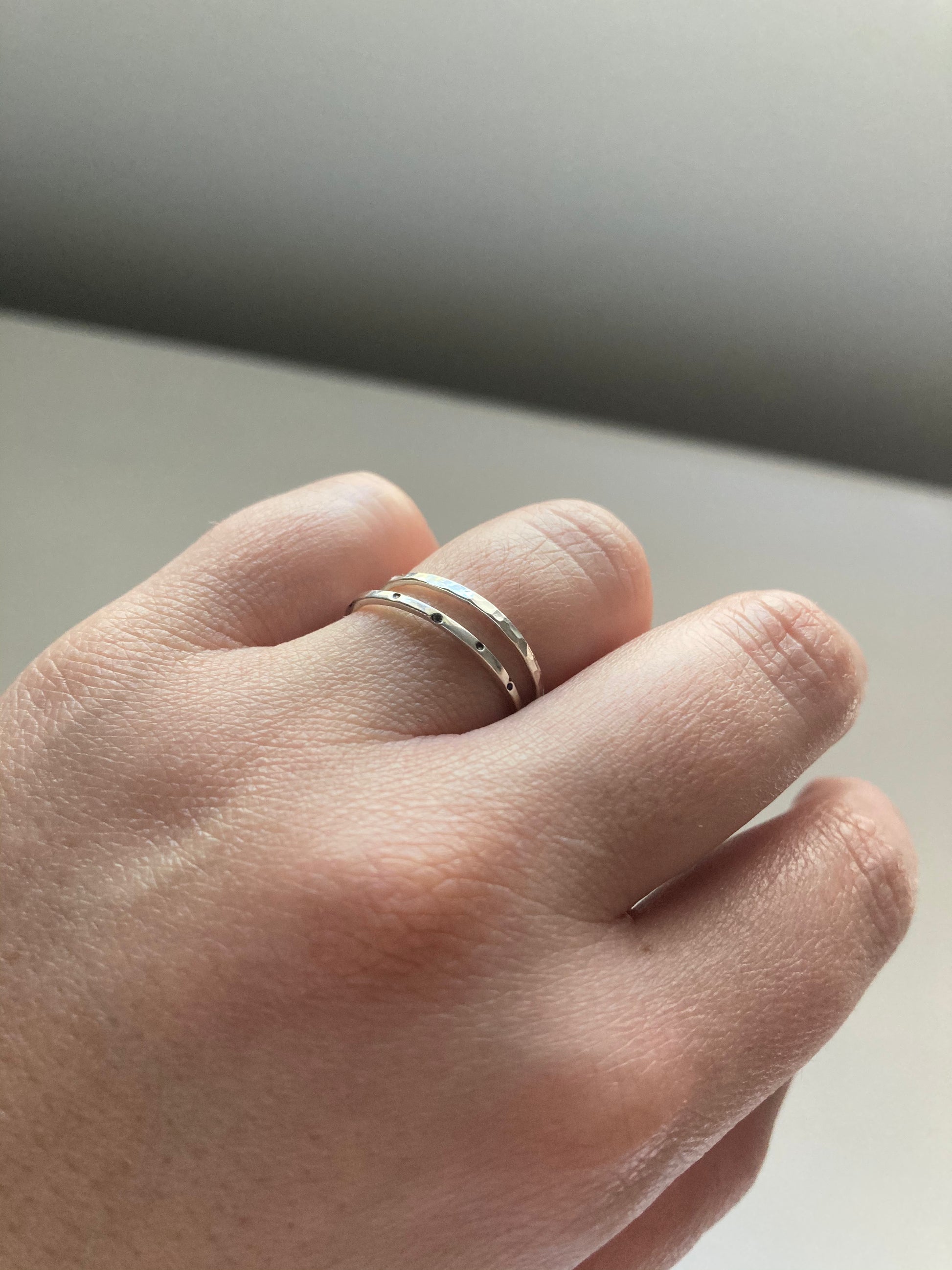 Sterling Silver Dainty Stacking Ring Set with one Dot & one Hammered design Rings
