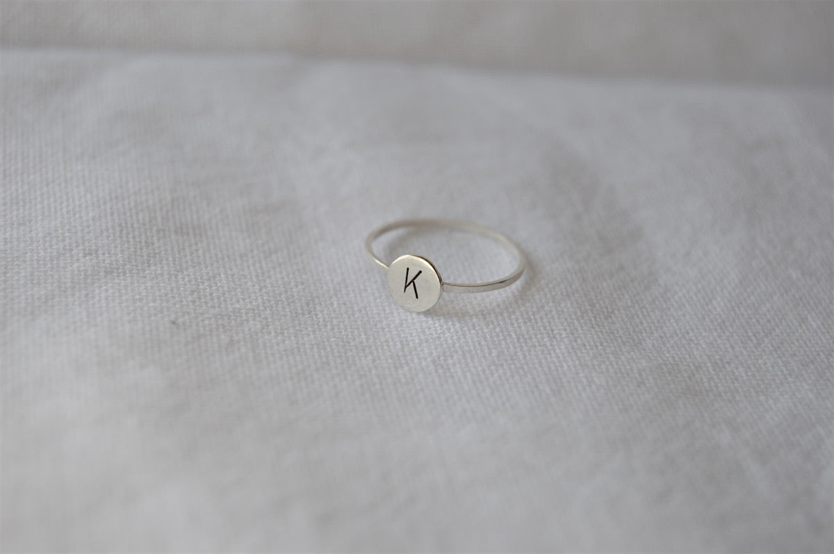 Sterling Silver Initial Disc Ring - letter K