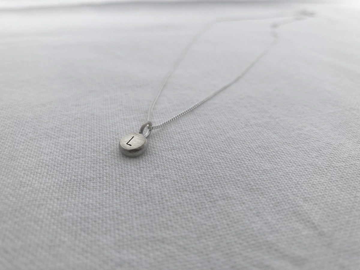 Sterling Silver Pebble with hand stamped Initial Pendant on Sterling Silver Chain