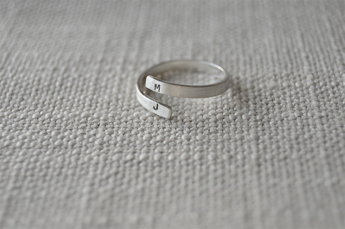 Sterling Silver Open Initial Wrap Ring with hand stamped initials on the ends