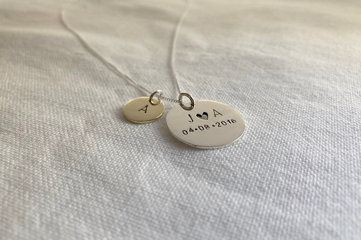 Sterling Silver Large Disc with Small Brass Initial Disc Pendant Set