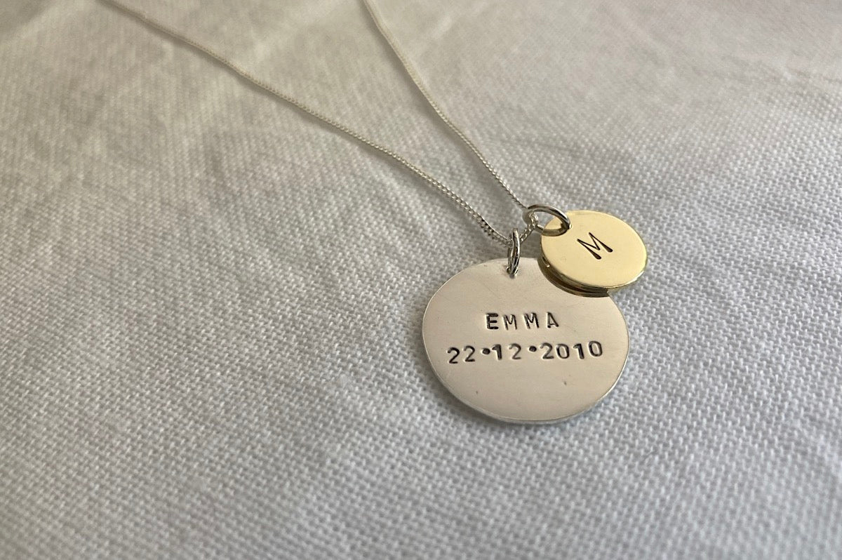 Sterling Silver Large Disc with Small Brass Initial Disc Pendant Set