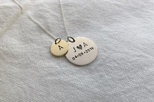 Sterling Silver Large Disc with Small Brass Initial Disc Pendant Set