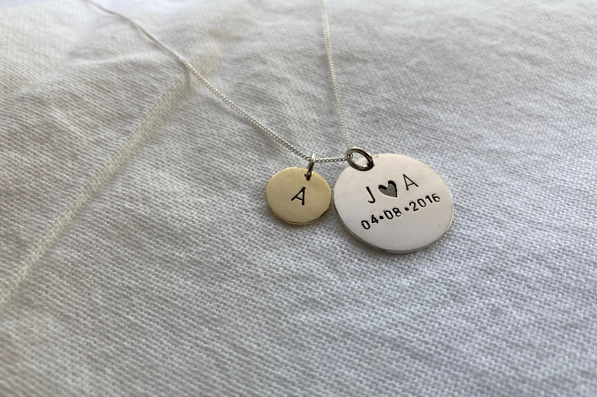 Sterling Silver Large Disc with Small Brass Initial Disc Pendant Set