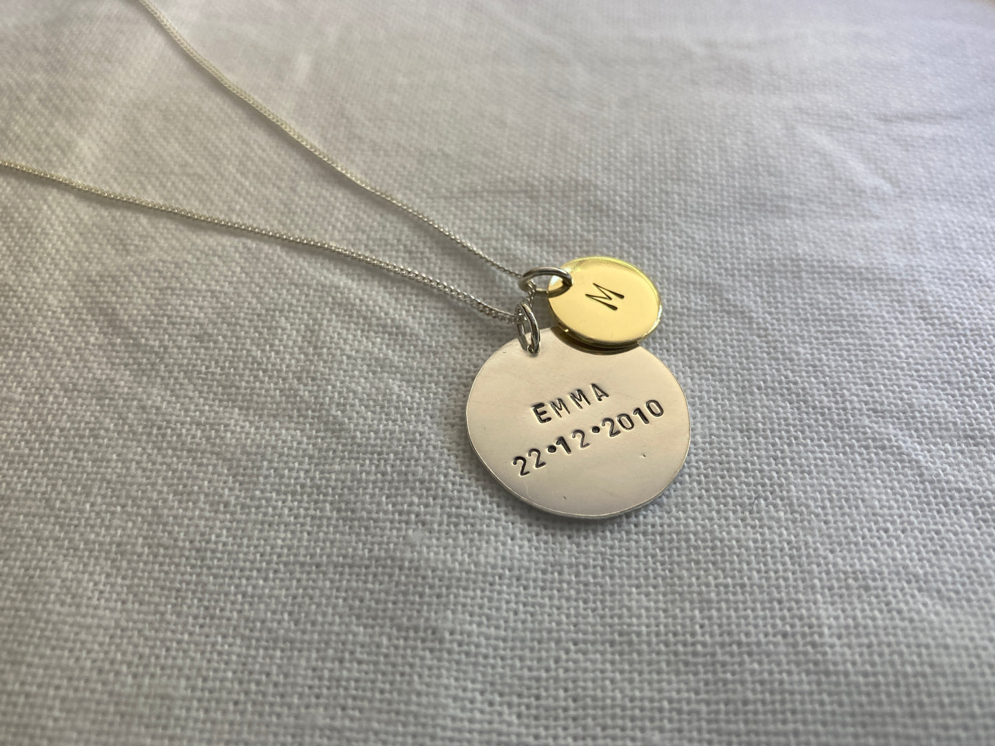 Sterling Silver Large Disc with Small Brass Initial Disc Pendant Set