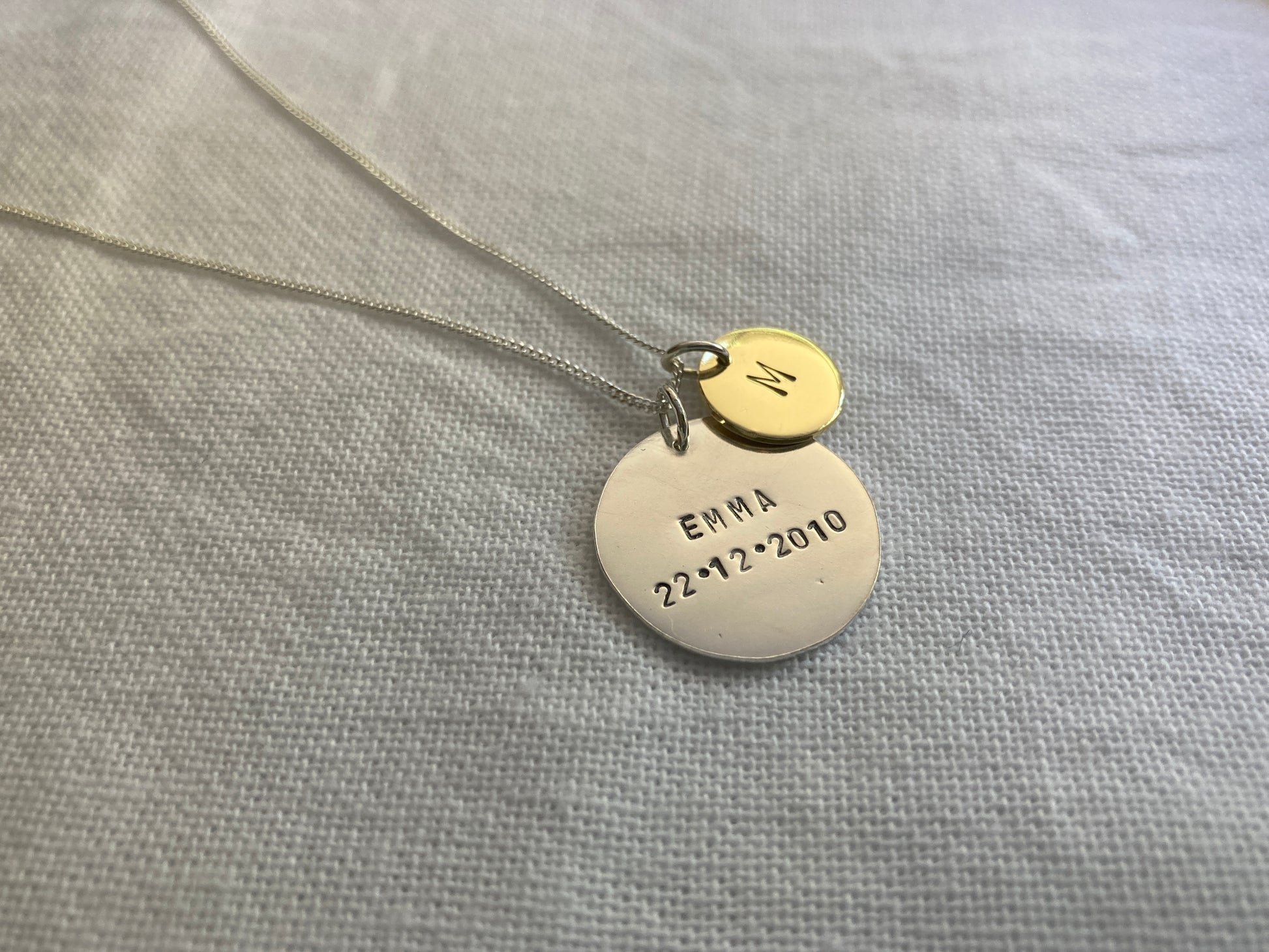 Sterling Silver Large Disc with Small Brass Initial Disc Pendant Set