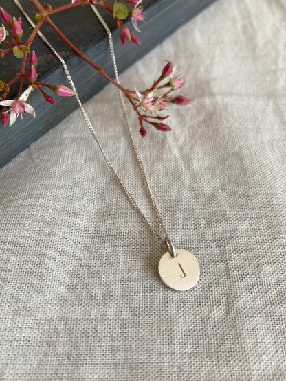 Sterling Silver 9mm Initial Disc Pendant on Sterling Silver Chain - letter J