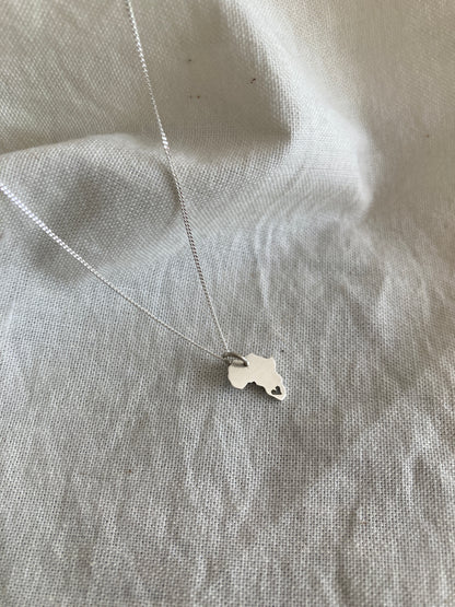 Sterling Silver Africa Charm with cut out Heart on Silver Chain