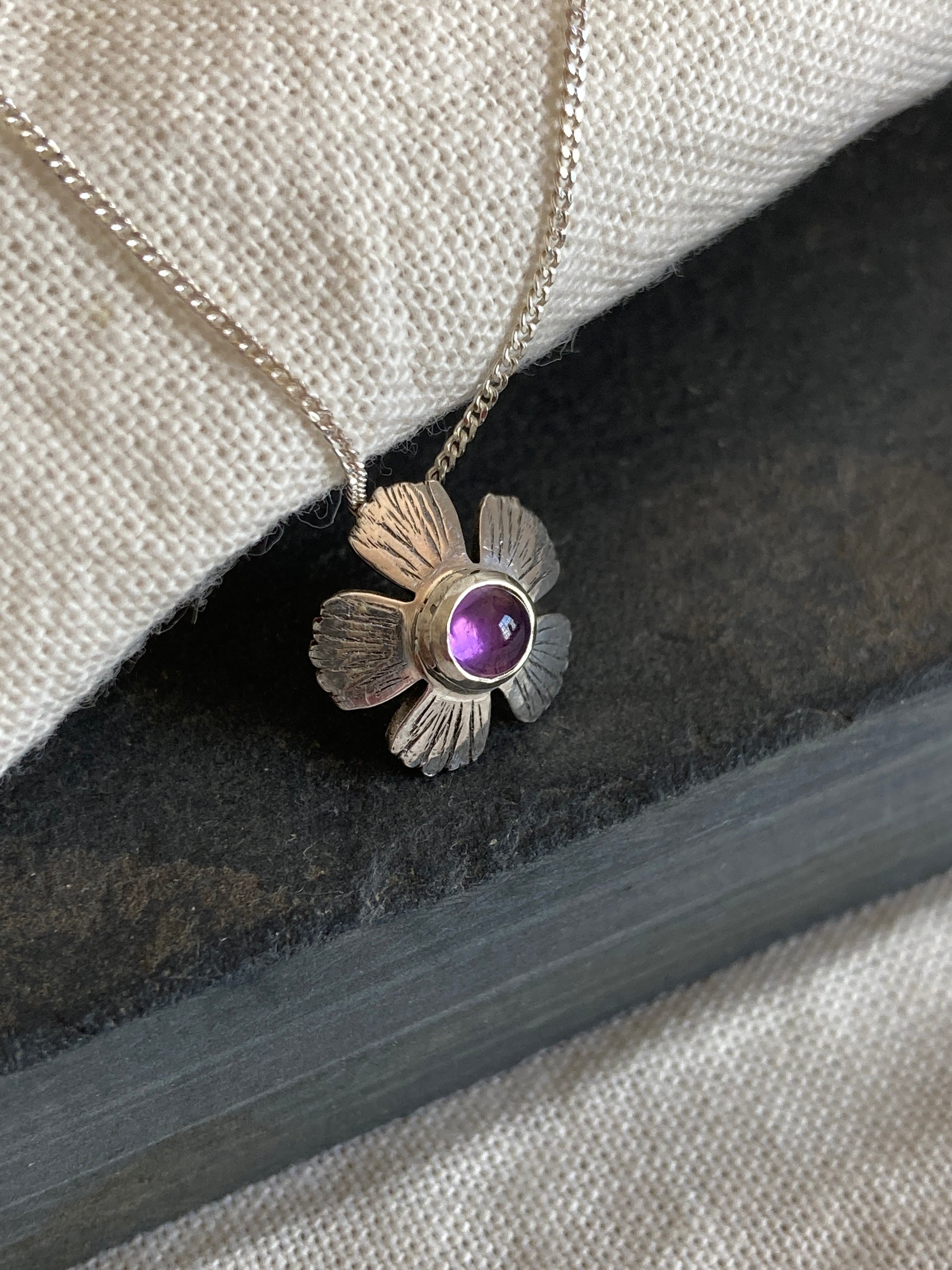 Sterling Silver Flower Pendant with Amethyst Stone