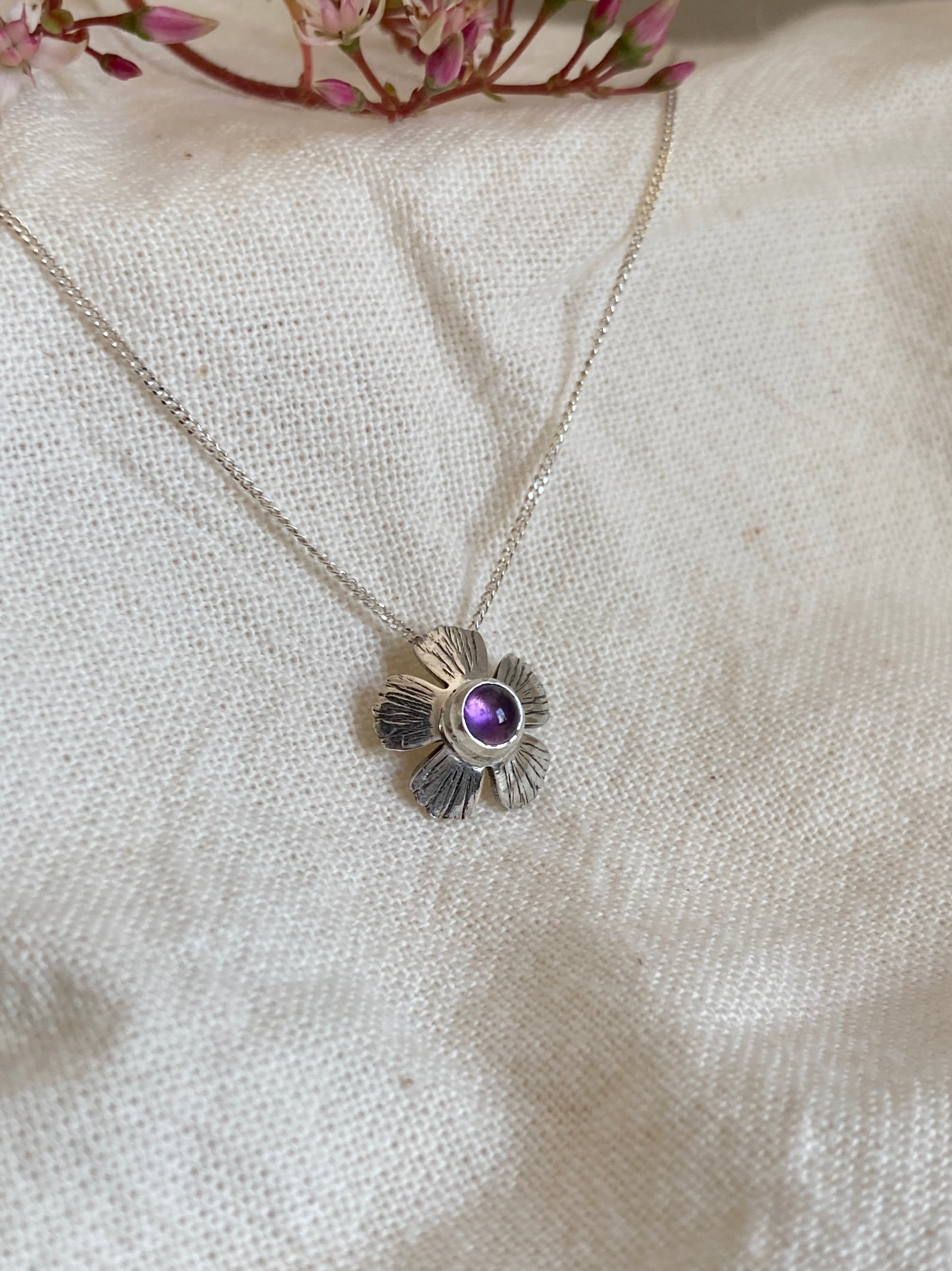 Sterling Silver Flower Pendant with Amethyst Stone