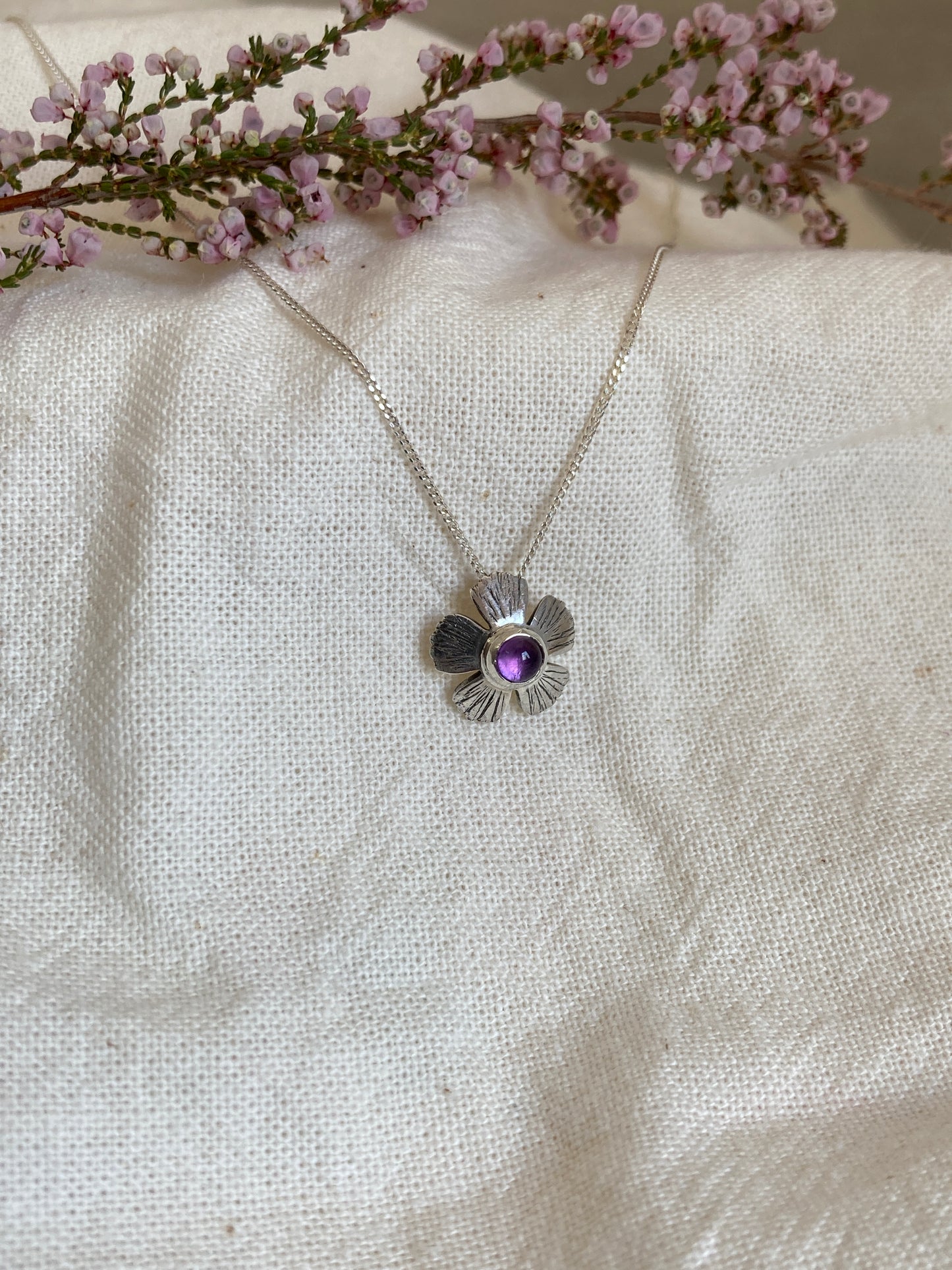 Sterling Silver Flower Pendant with Amethyst Stone