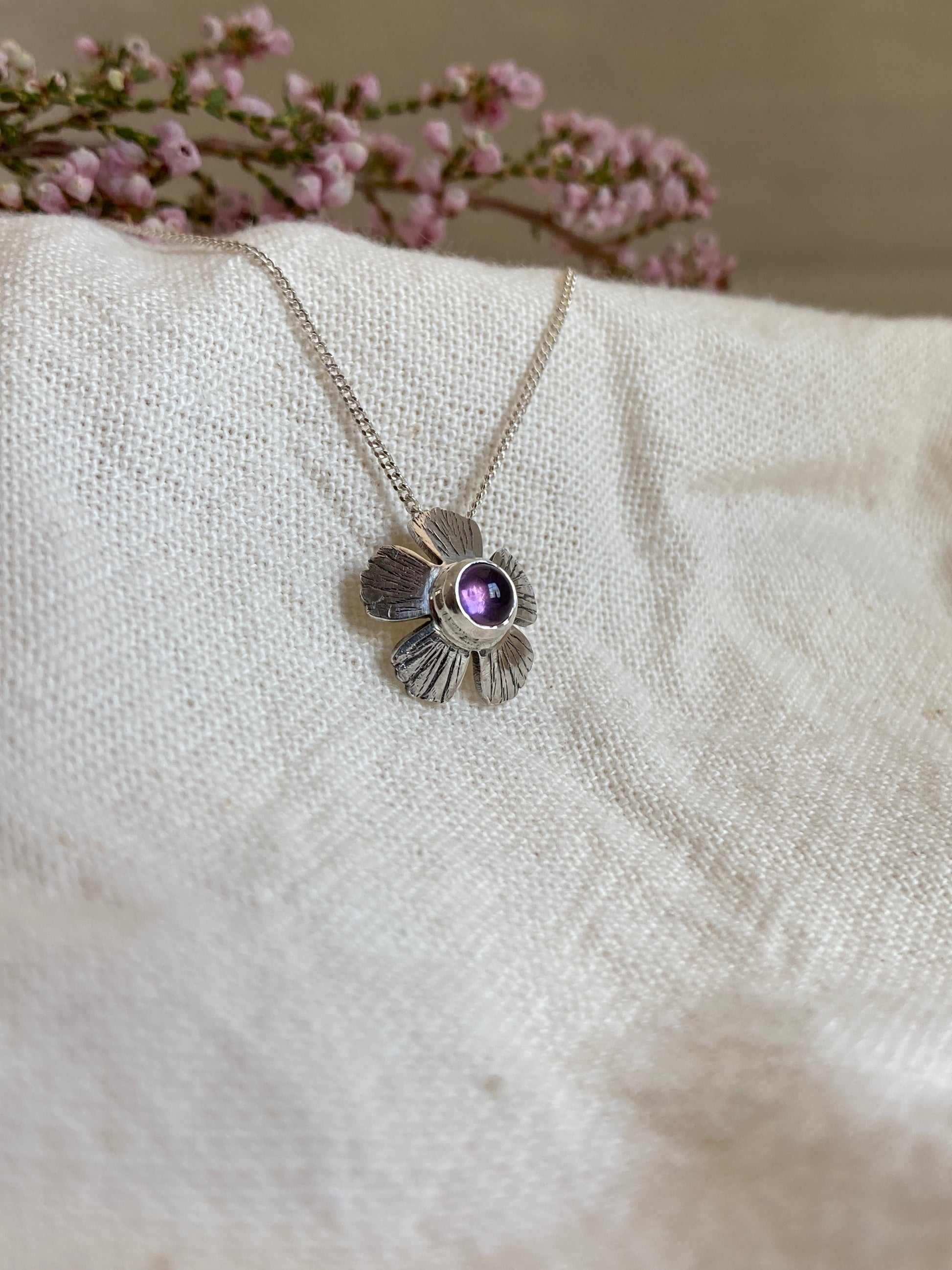 Sterling Silver Flower Pendant with Amethyst Stone